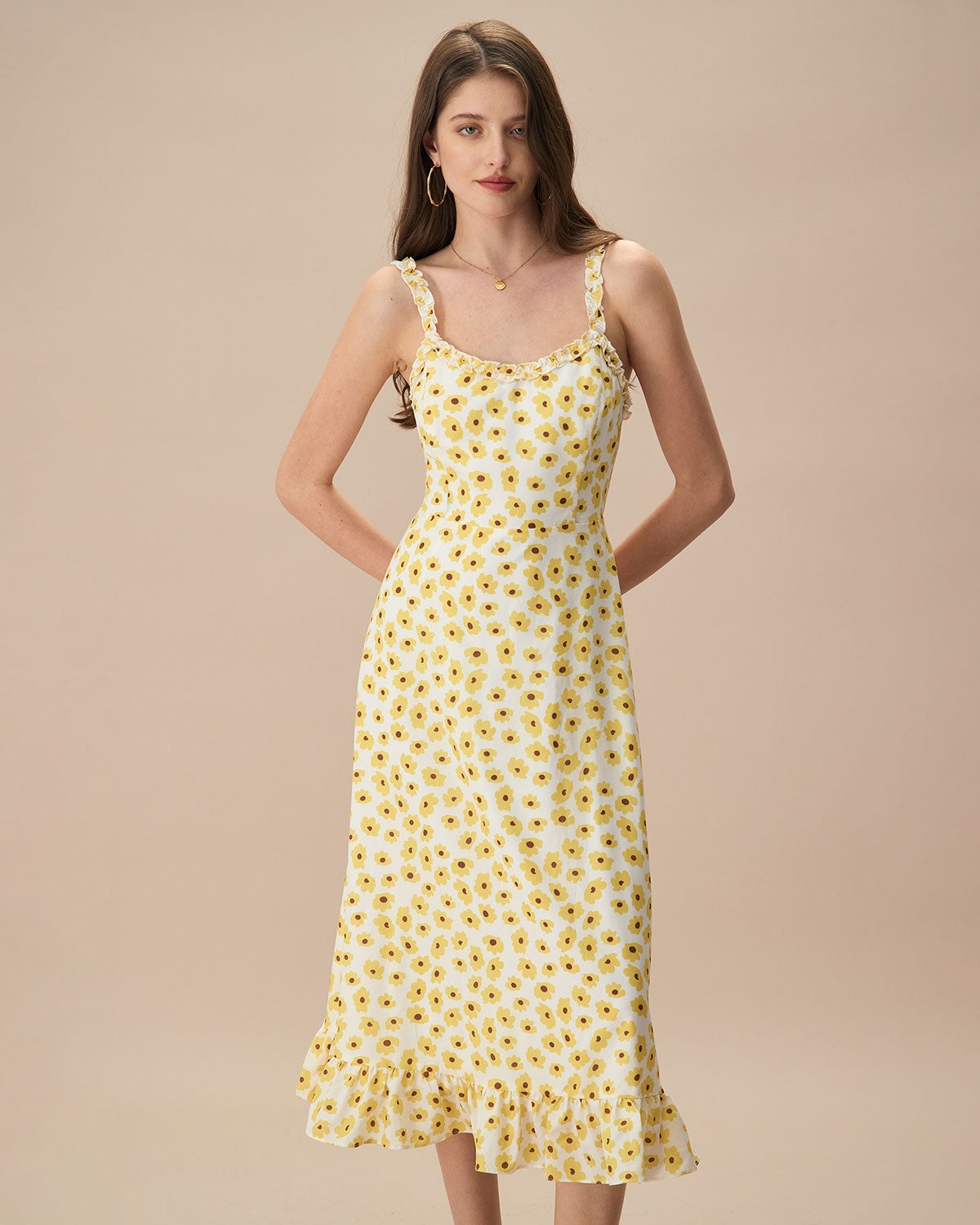 The Yellow Daisy Ruffle Slip Midi Dress Free Shipping Reliable