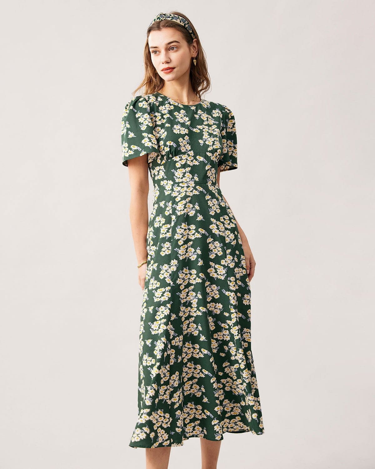 The Green Round Neck Short Sleeve Floral Midi Dress Shop For Sale