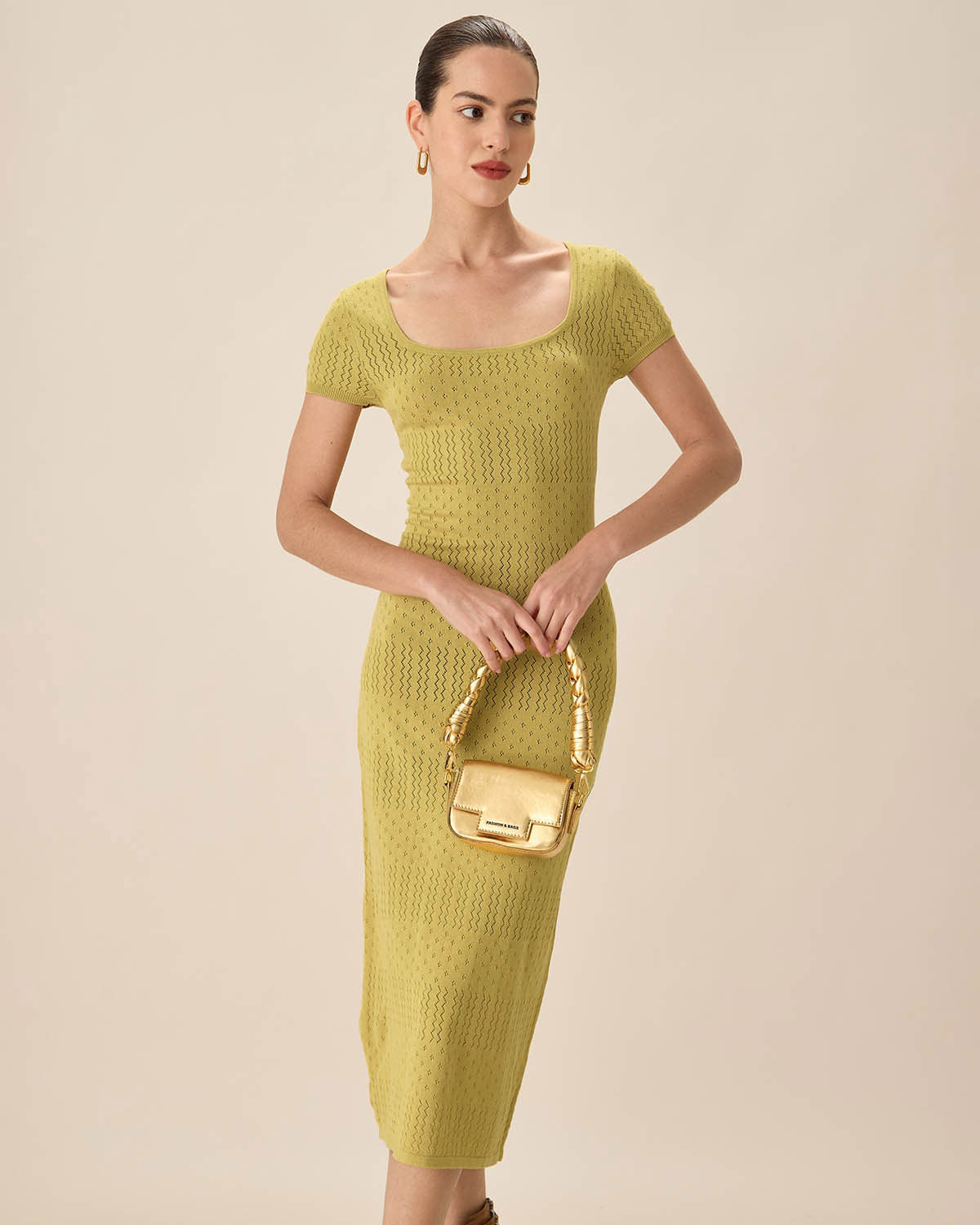 Green Square Neck Bodycon Midi Dress Sale Best Sale