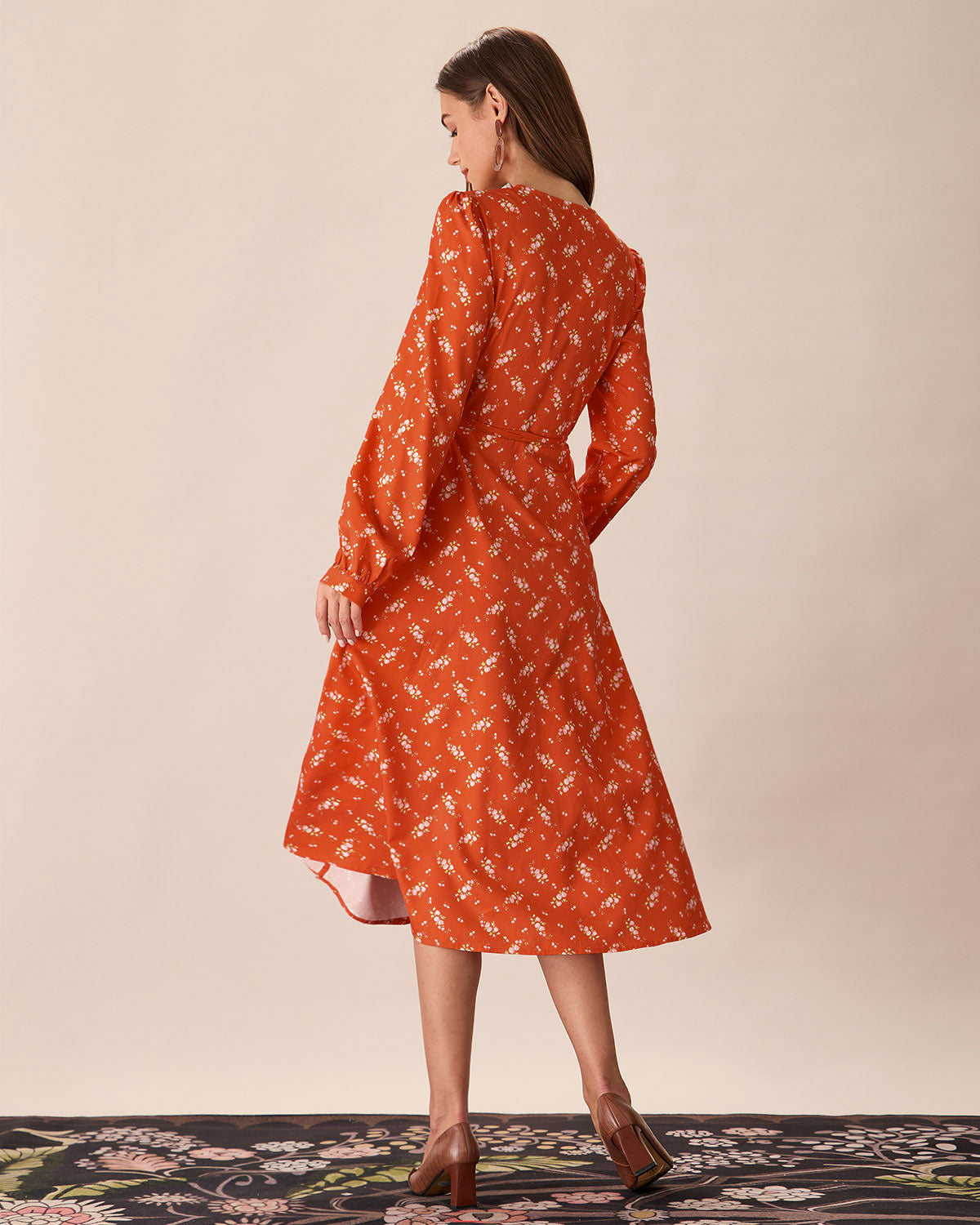 Orange Floral Wrap Midi Dress Outlet Finishline