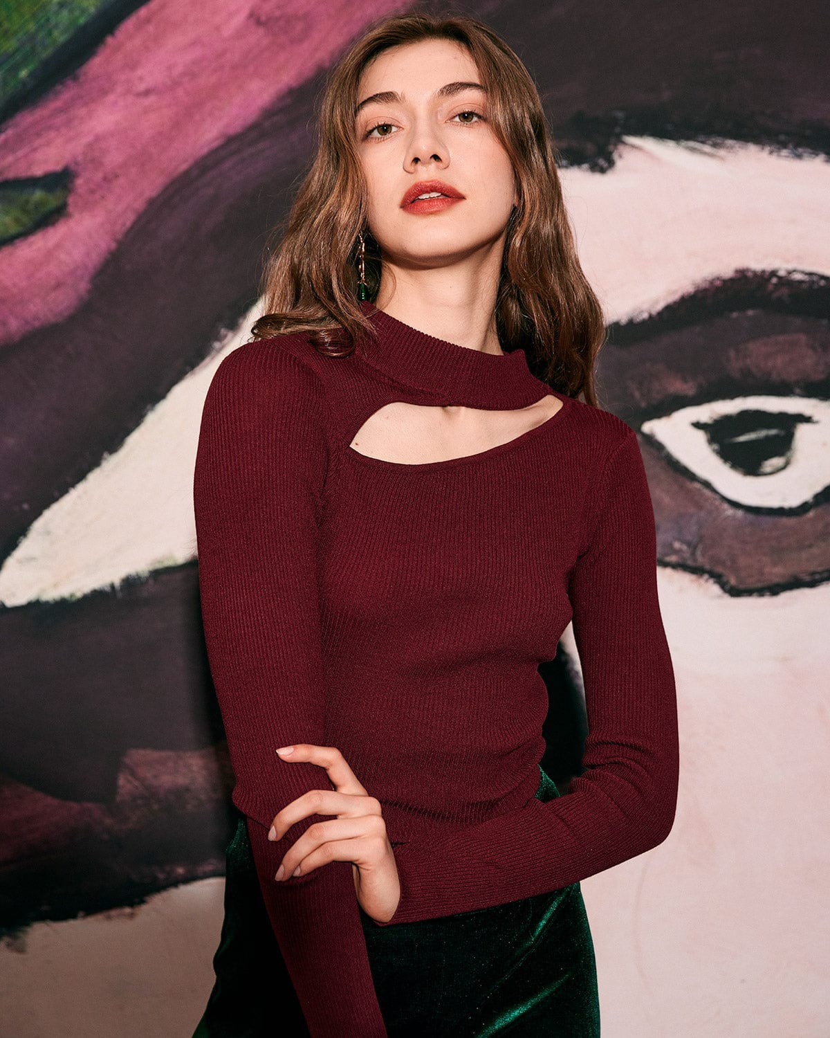 The Wine Red Slim-Fitting Cutout Knit Top Cheap Sale Shop For