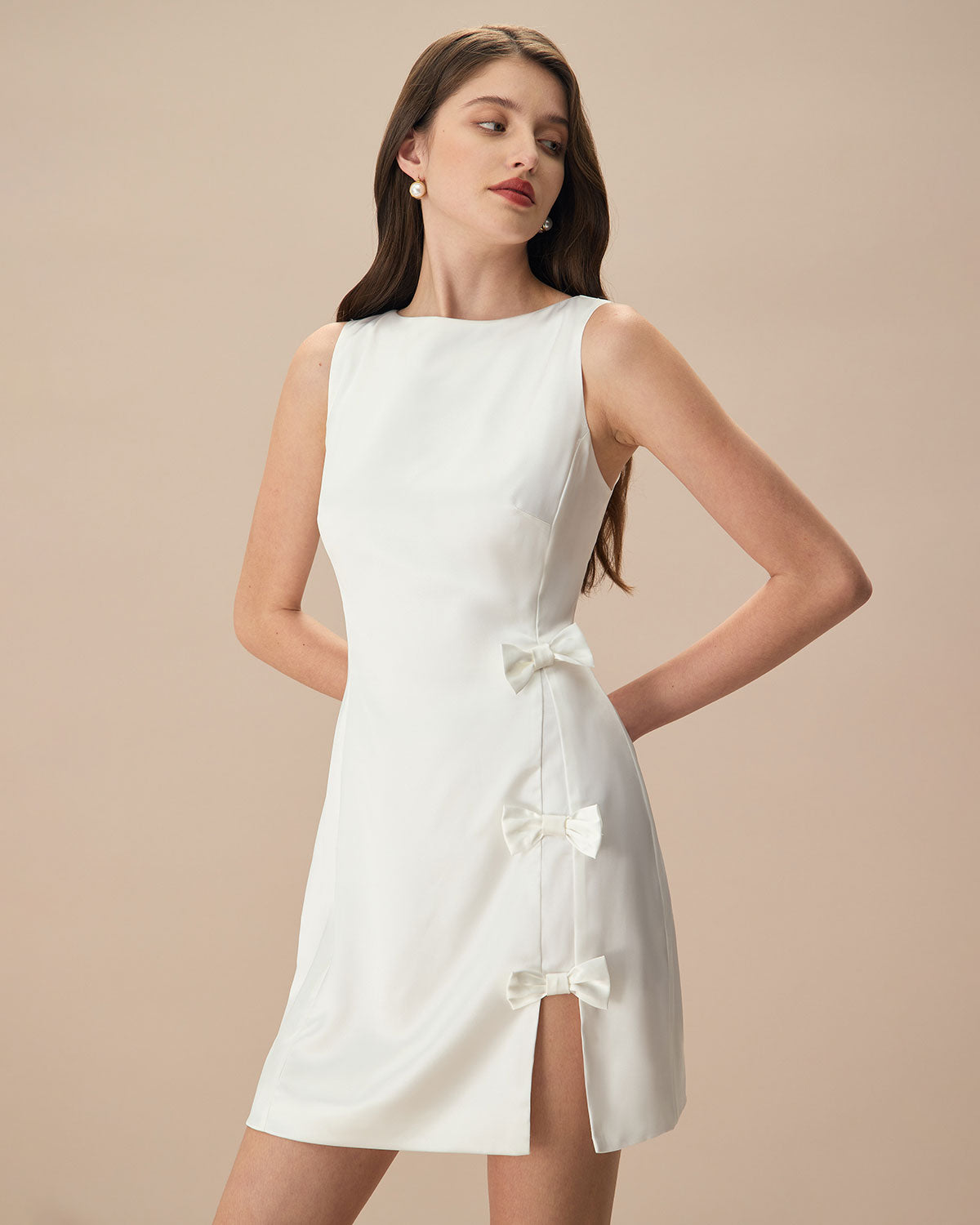 The White Boat Neck Bowknot Satin Mini Dress Official Site