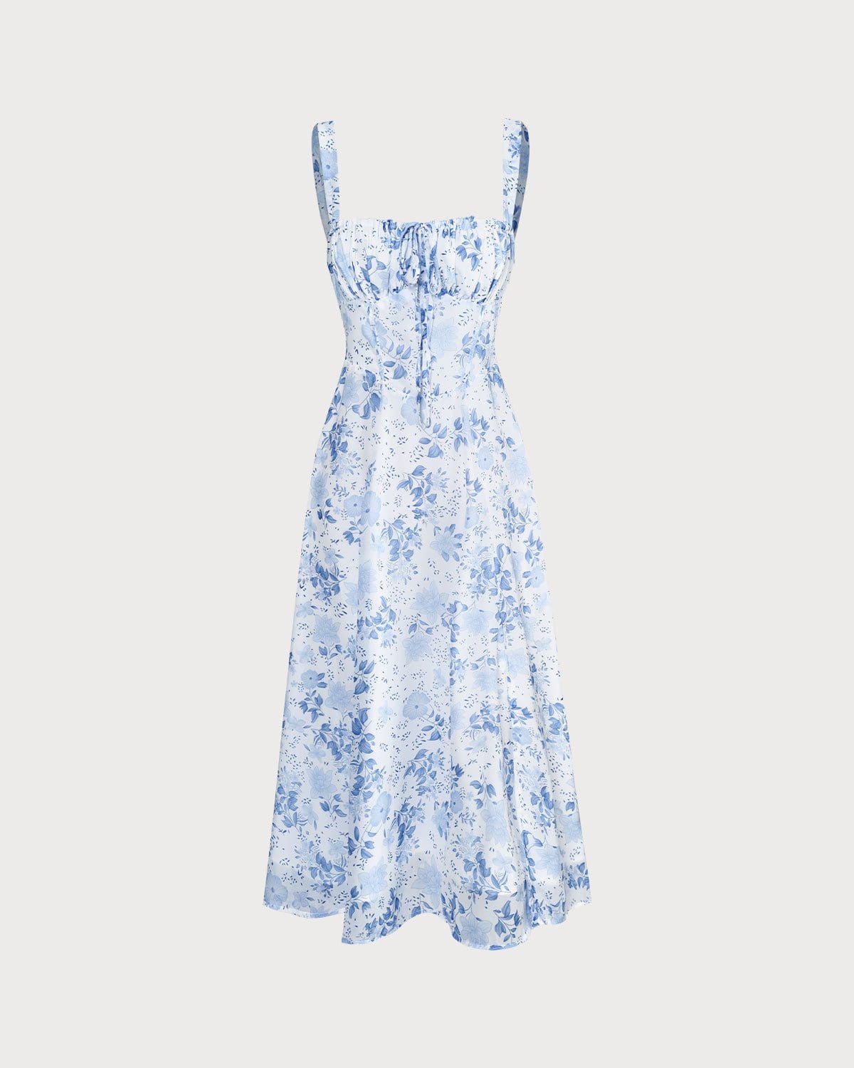 The Blue Square Neck Floral Ruched Midi Dress Cheap Fake