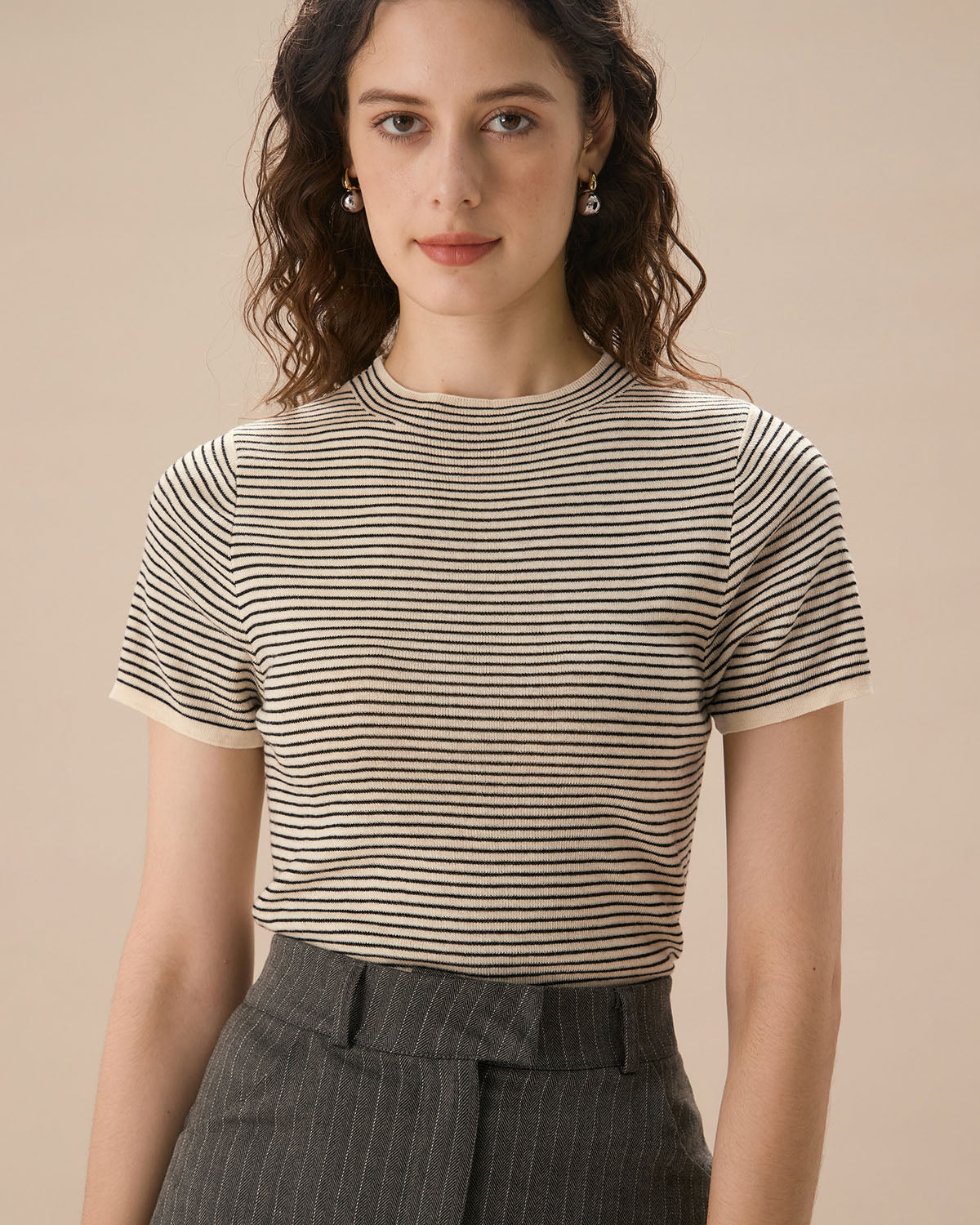 Women's Black Round Neck Striped Tee