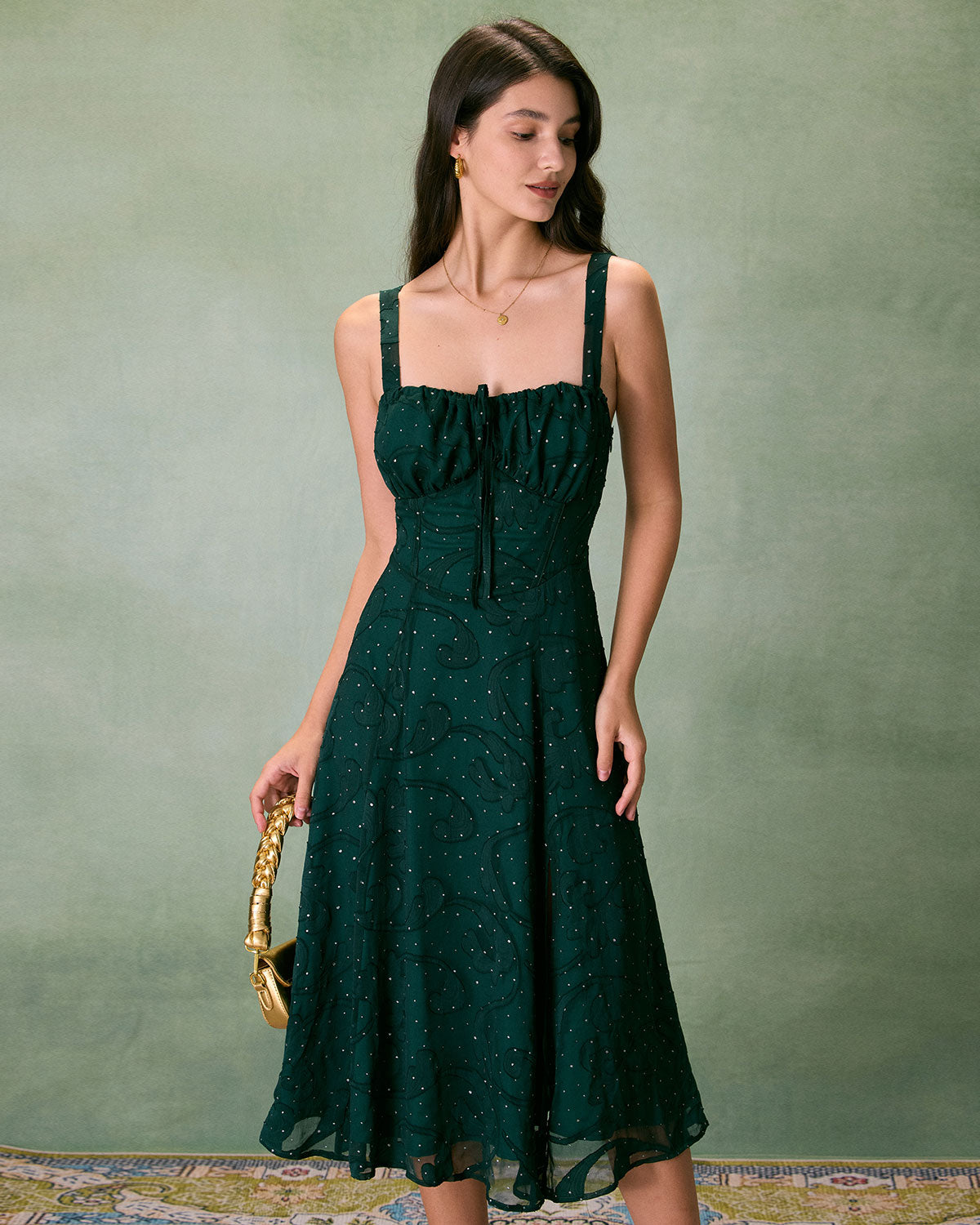 The Green Square Neck Jacquard Slit Midi Dress Pictures Cheap Online