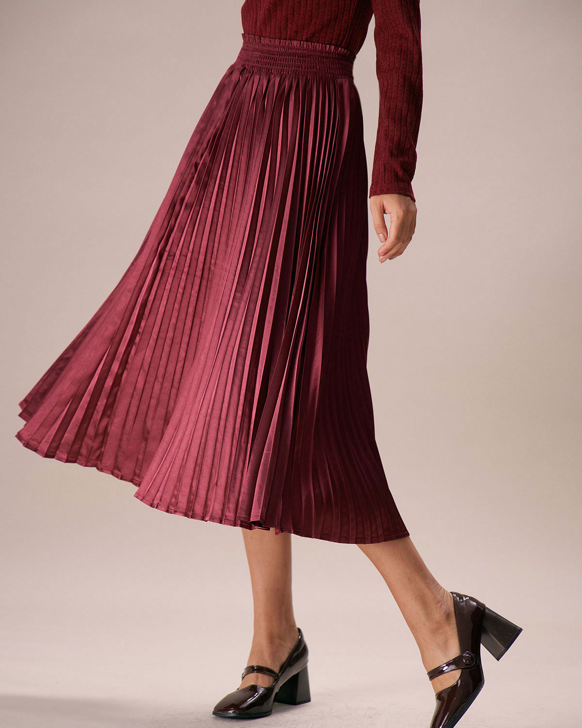 The Wine Red Elastic Waist Pleated Midi Skirt Discount Tumblr
