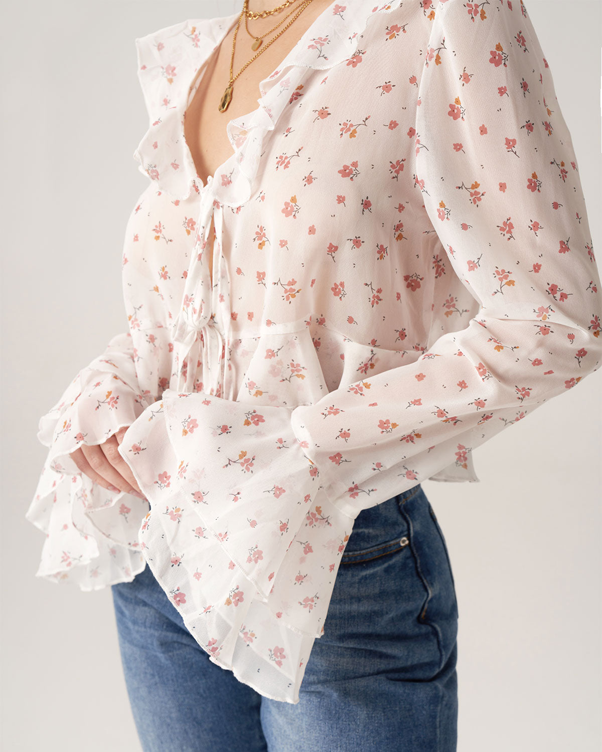 Bettydress Floral See-through Ruffle Blouse Outlet Fashion Style