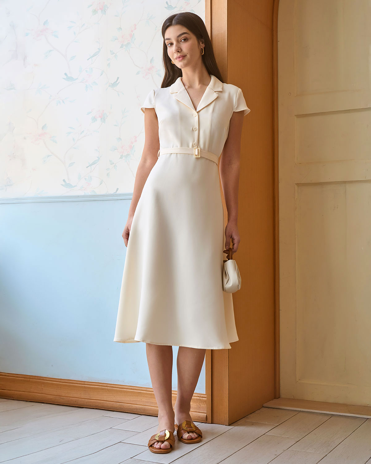 The Beige Lapel Cap Sleeve Shirt Midi Dress Outlet Marketable