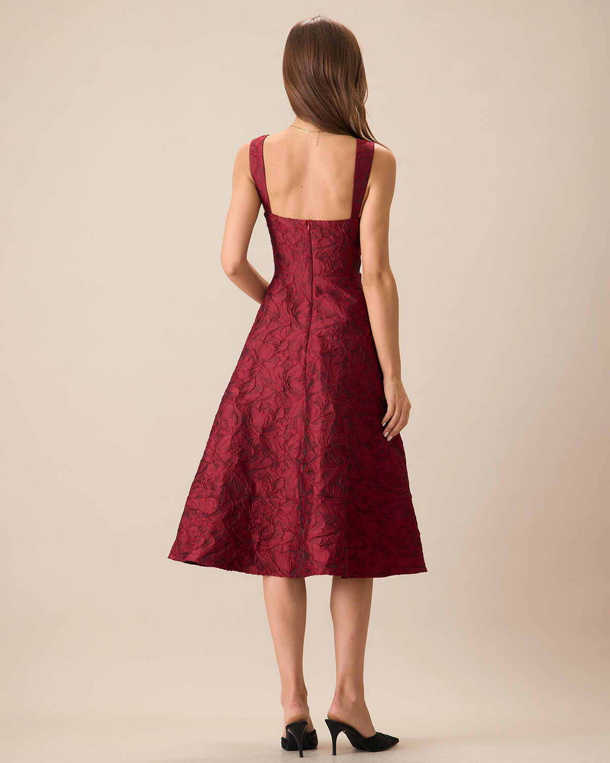 The Red Sweetheart Neck Jacquard Midi Dress Discount Best Pices