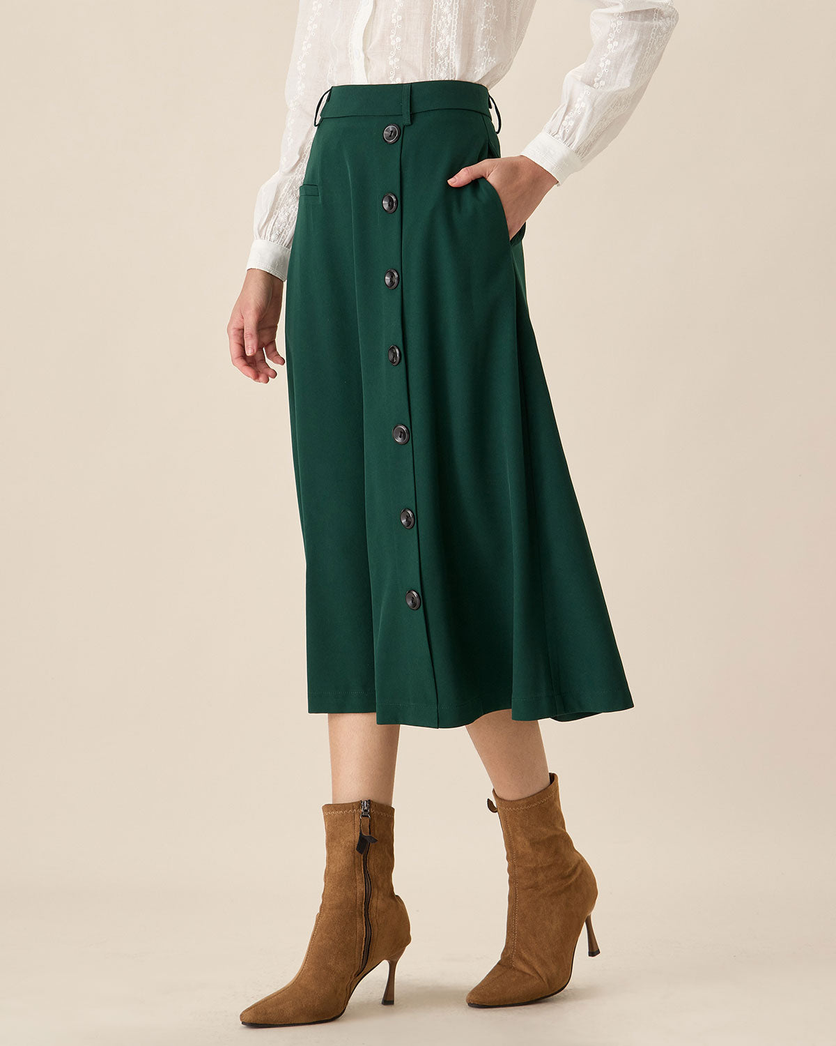 Green High-waisted Button Midi Skirt Cheap Sale Pick A Best