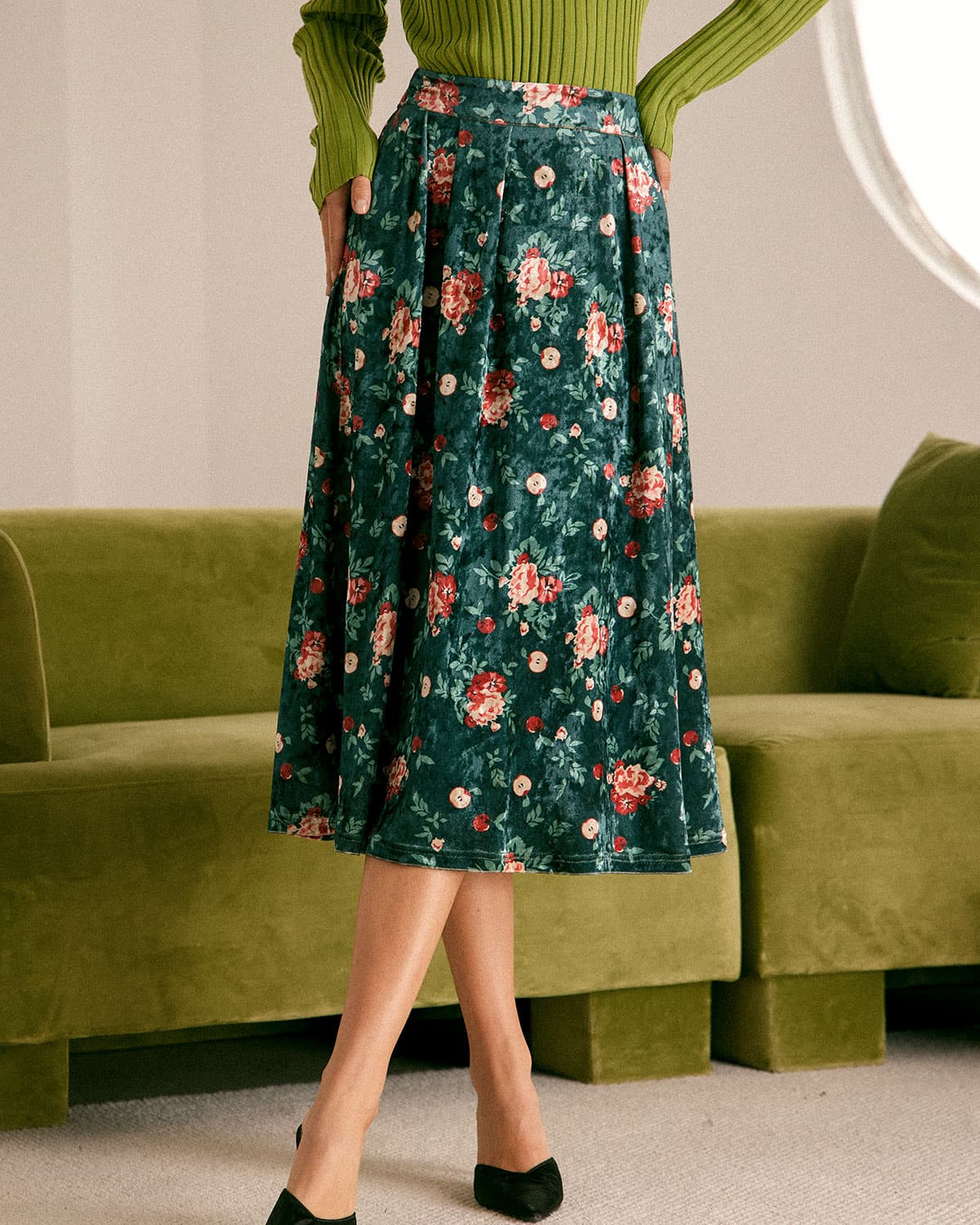 The Green Elastic Waist Floral Velvet Midi Skirt Buy Cheap Reliable