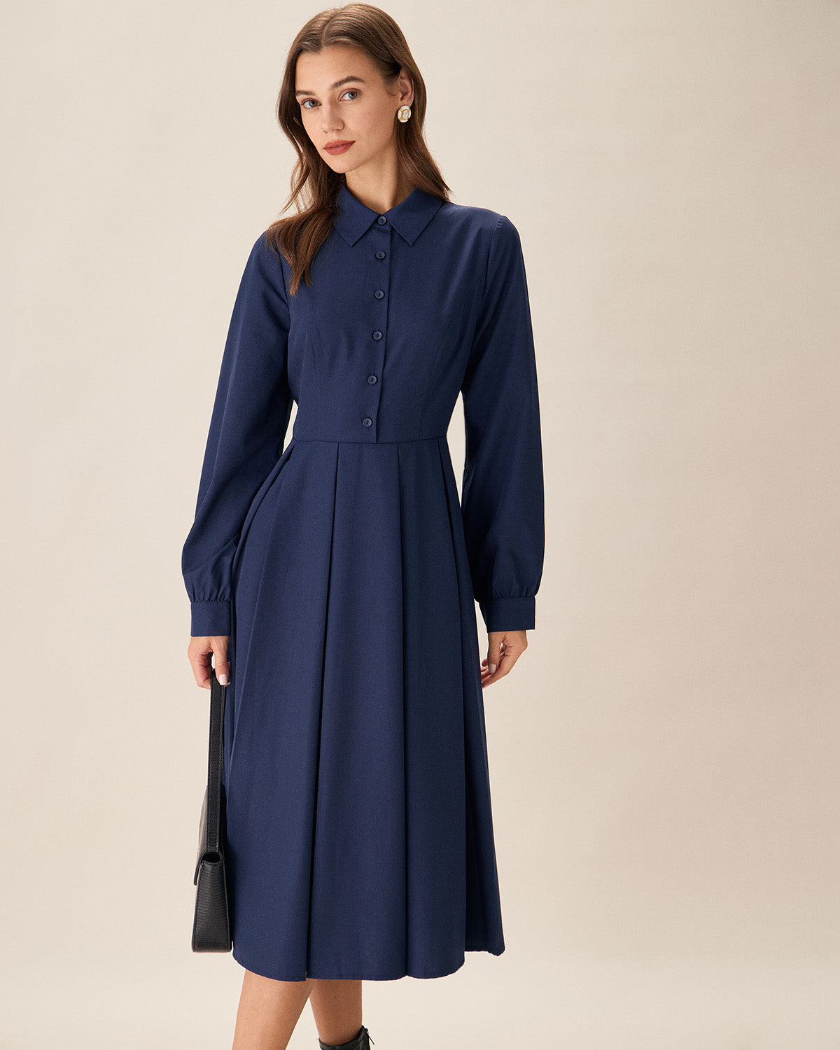 Navy Pleated Button Midi Dress Cheap Sale Wholesale Pice