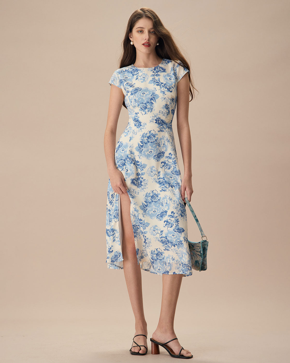 The Blue Round Neck Cap Sleeve Floral Midi Dress Amazon Cheap Online