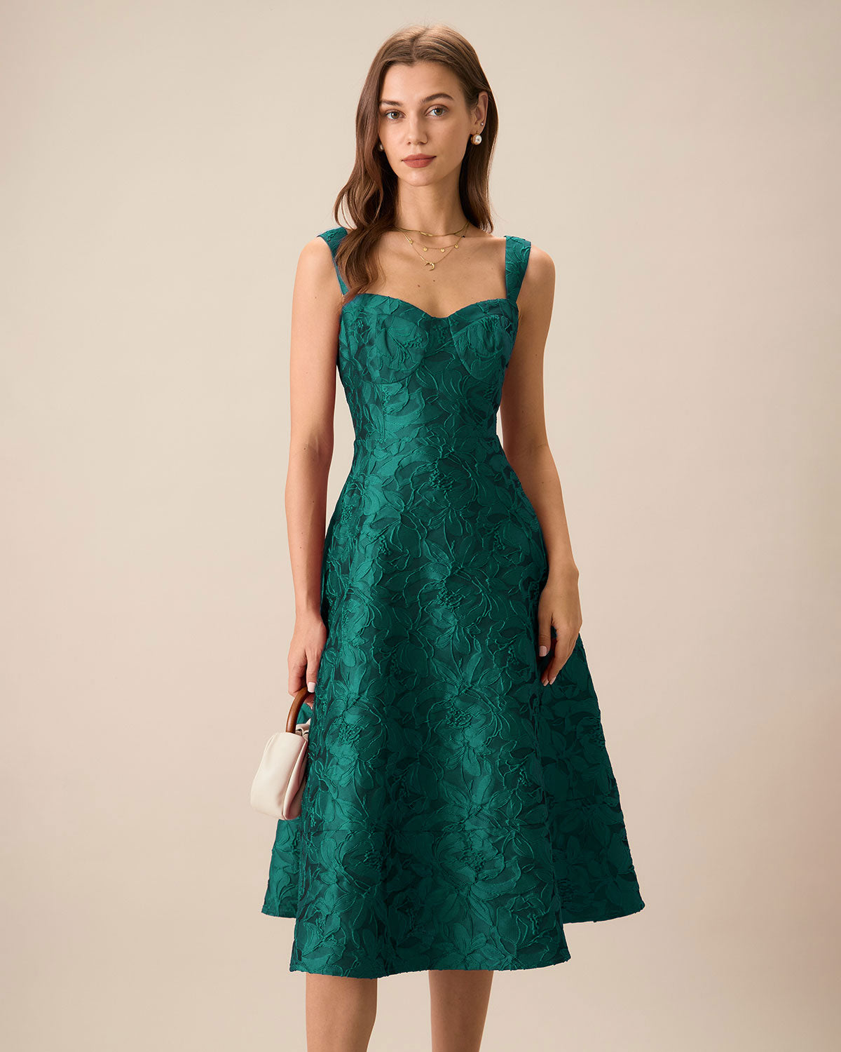 Green Sweetheart Neck Jacquard Midi Dress Classic For Sale