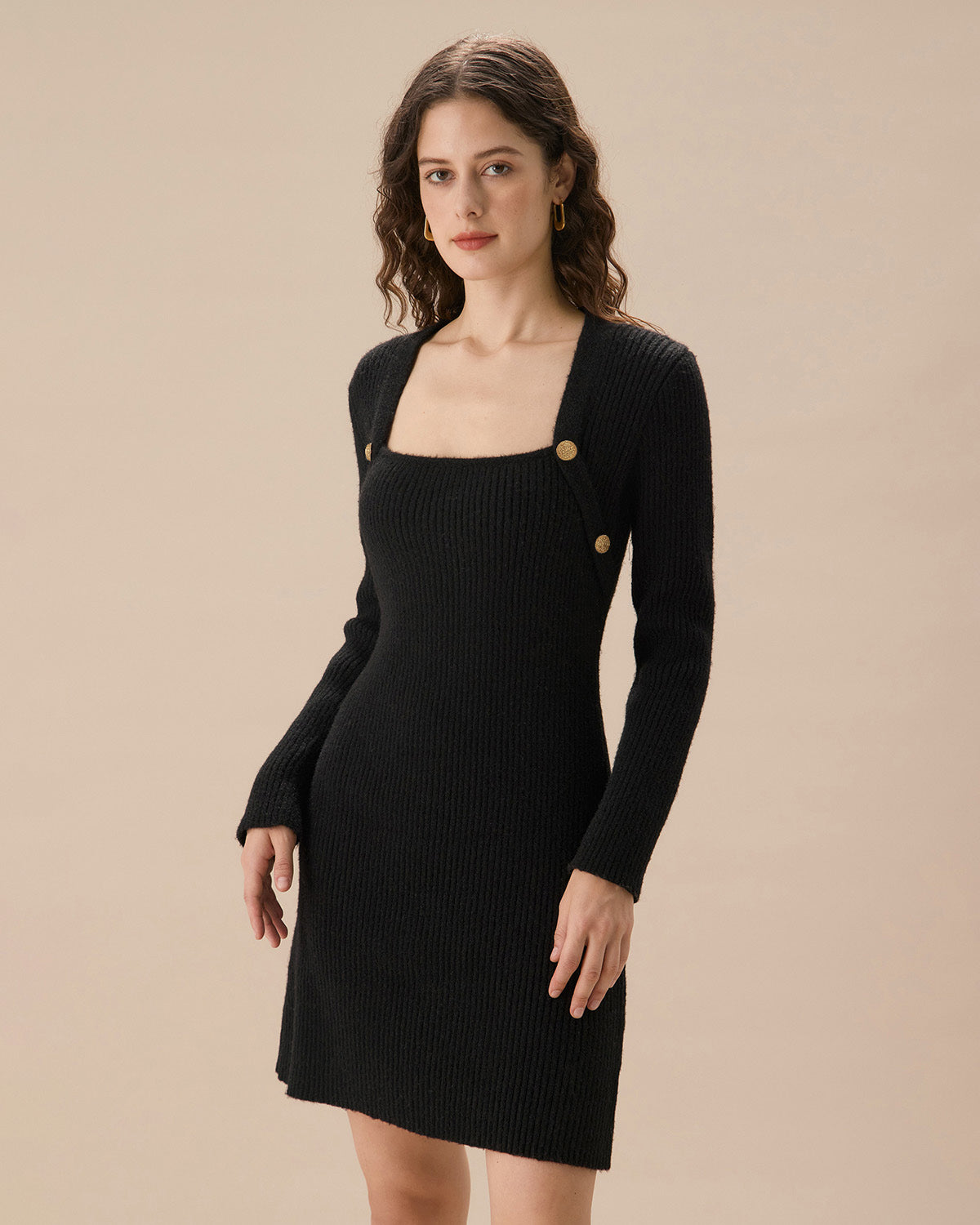 Black Square Neck Button Sweater Dress Outlet Fashion Style