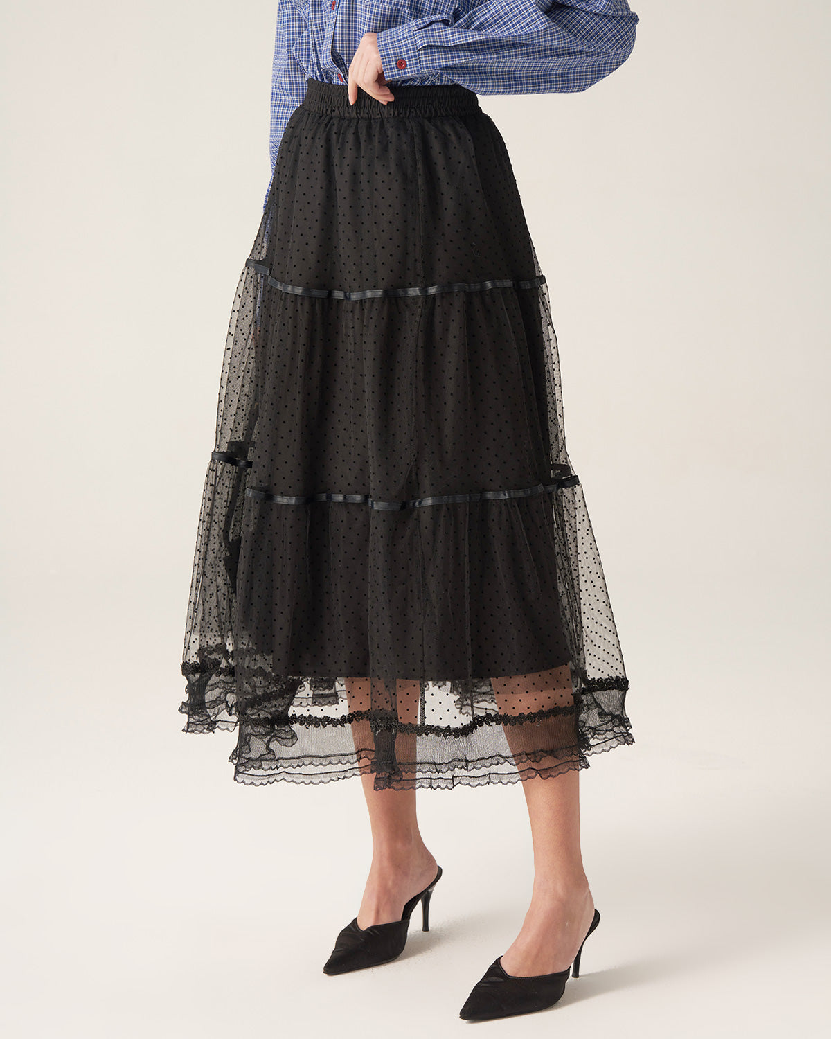 Black Mesh Tiered Midi Skirt Sale Huge Surprise