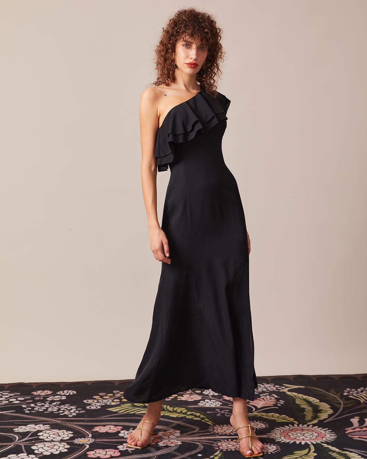The Black One Shoulder Flounce Maxi Dress Low Pice Sale Online