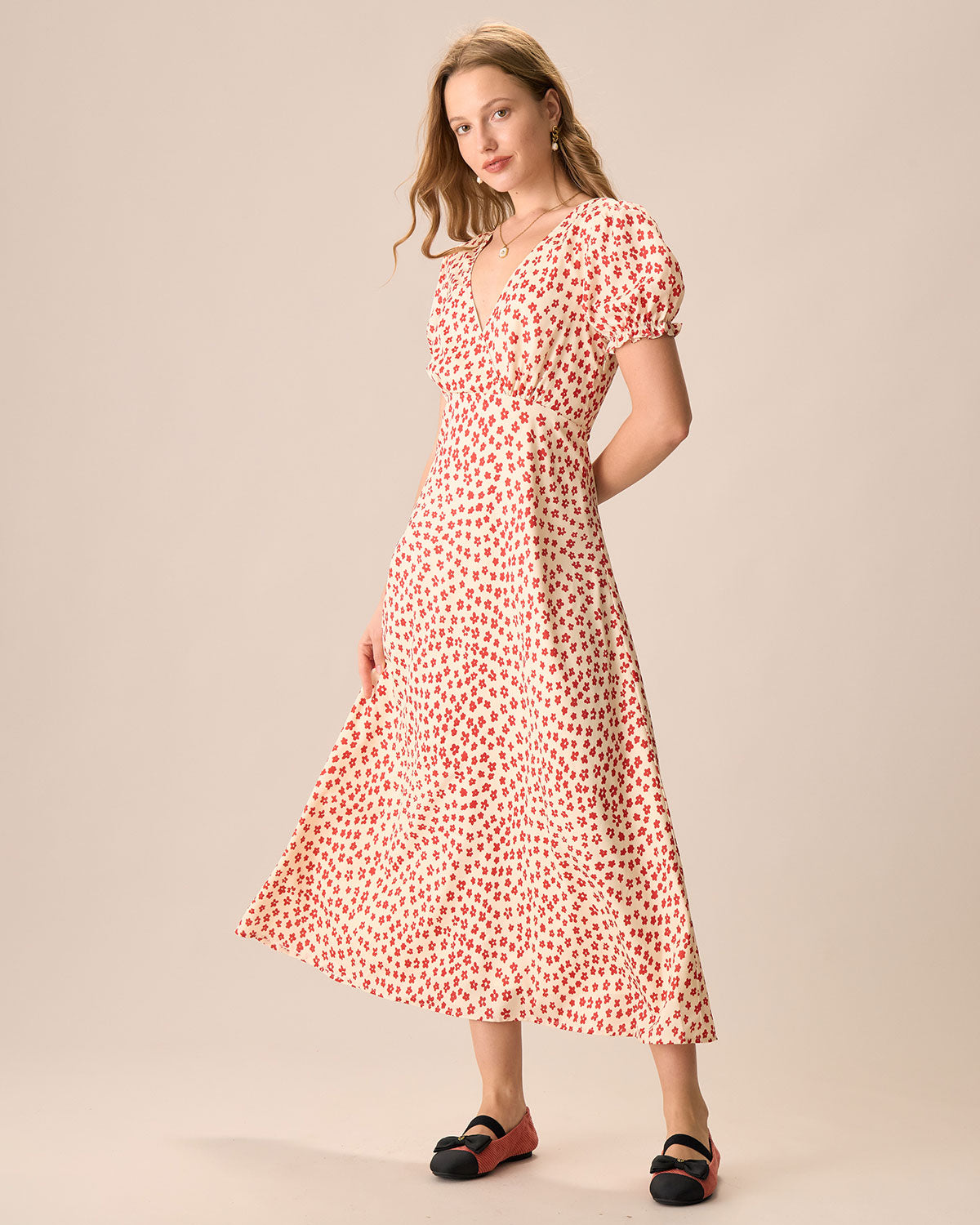 The Red V-Neck Floral Puff Sleeve Maxi Dress Outlet Reliable
