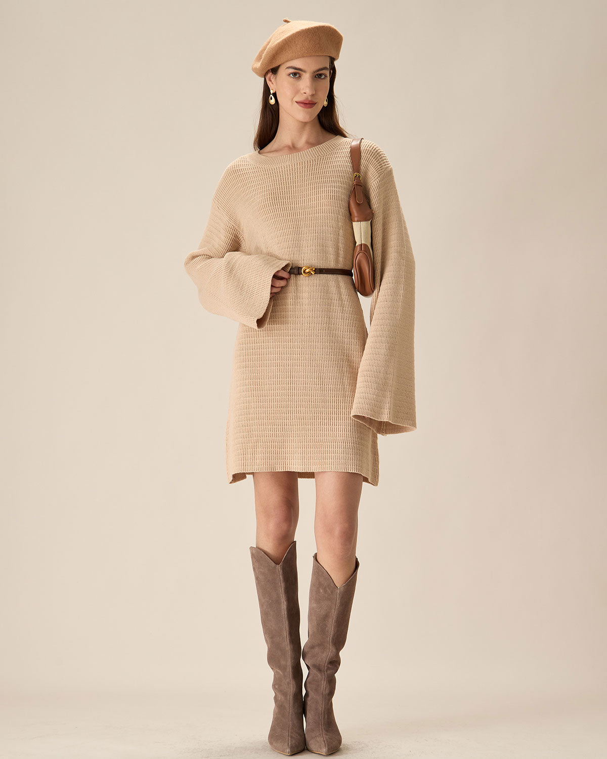 Beige Drop Shoulder Sweater Mini Dress Cheap New Arrival