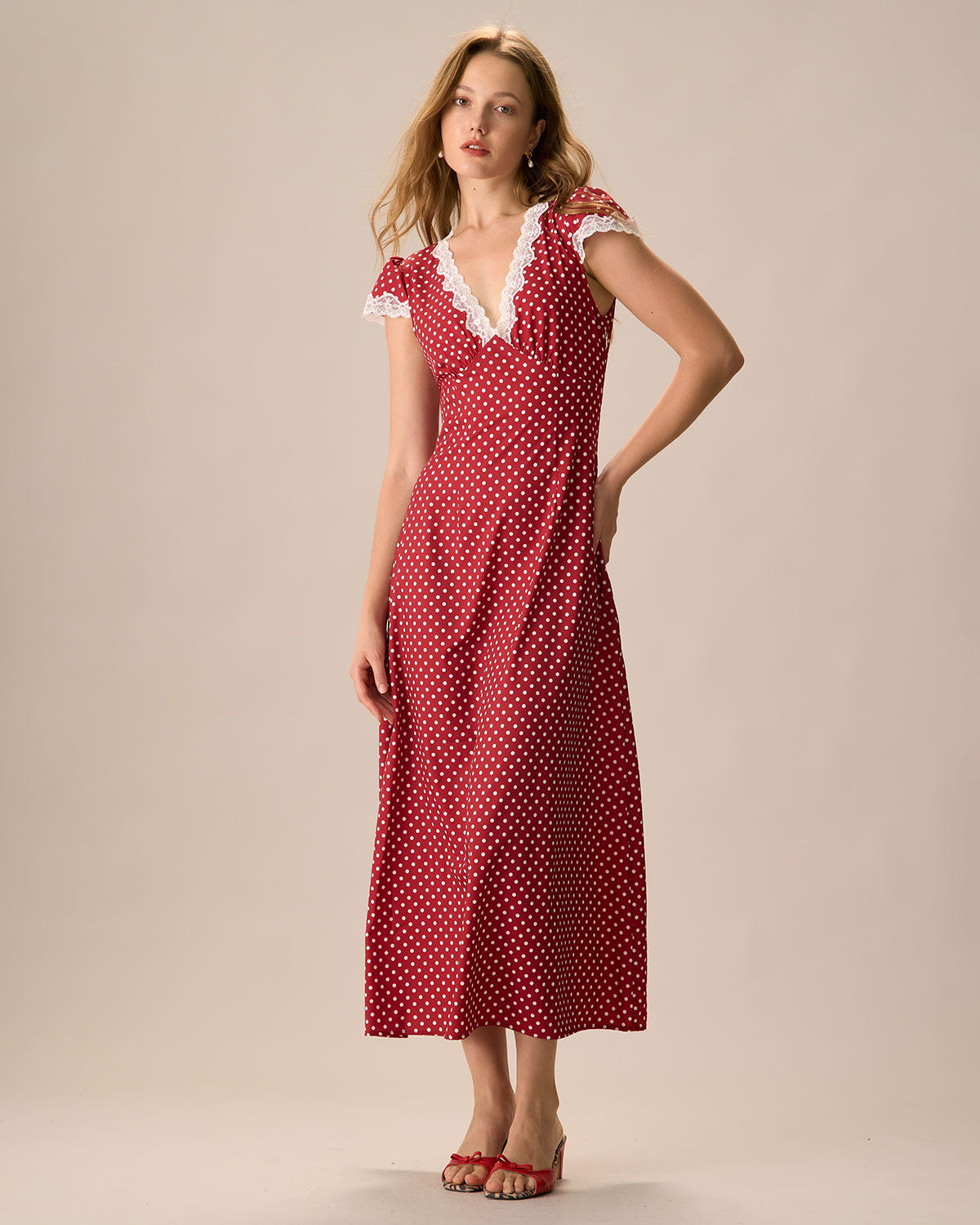 The Red V Neck Polka Dot Lace Ruched Maxi Dress Discount Supply