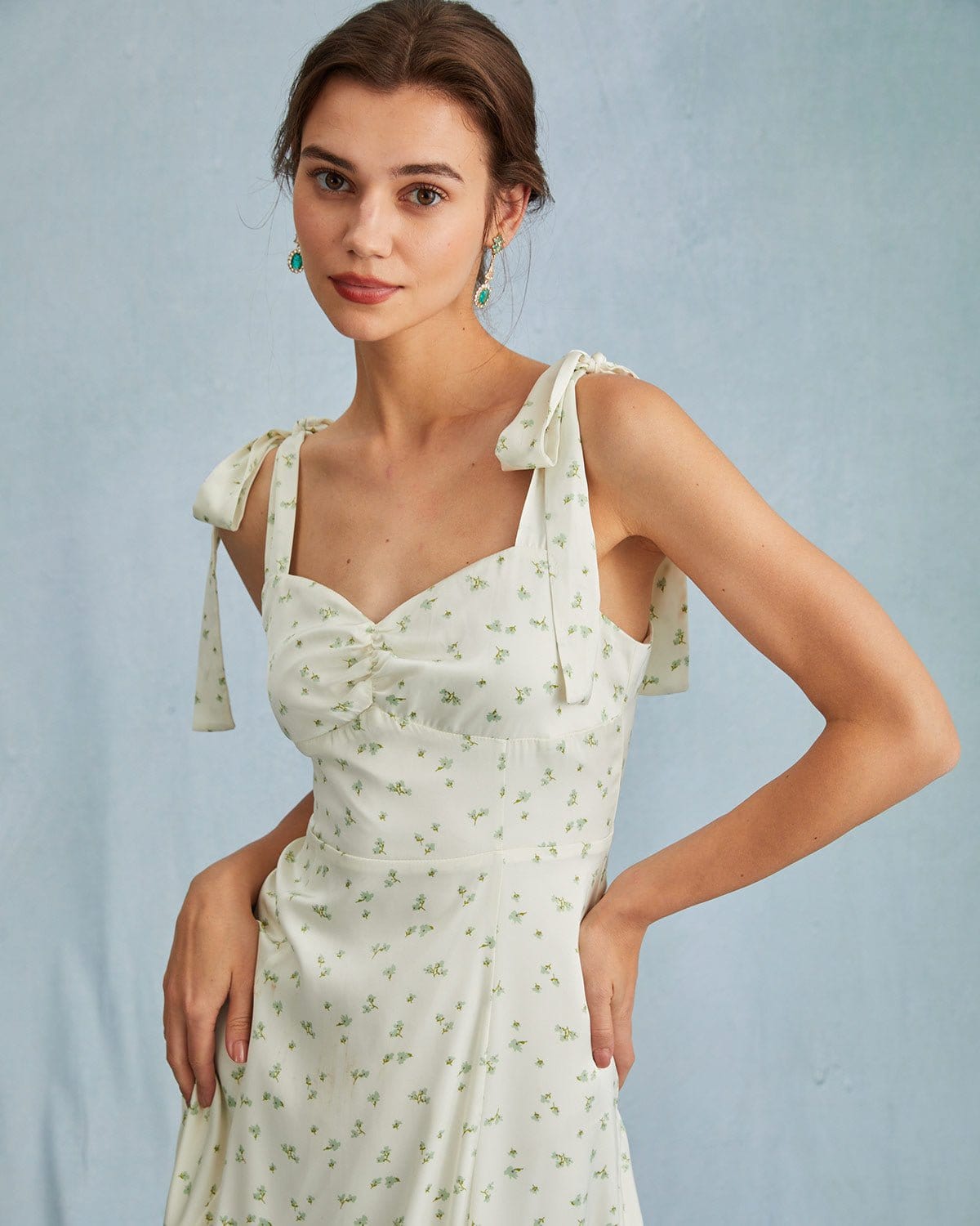 The Light Green Satin Floral Tie Strap Slit Midi Dress Looking For