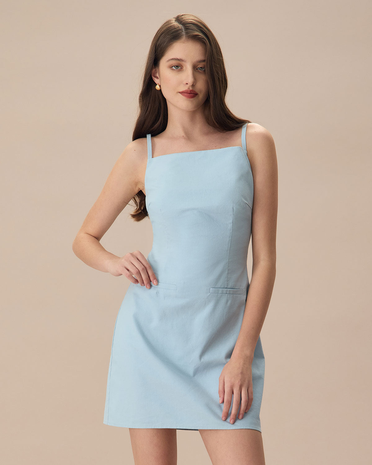 The Blue Square Neck Linen Slip Mini Dress Sale Best Seller