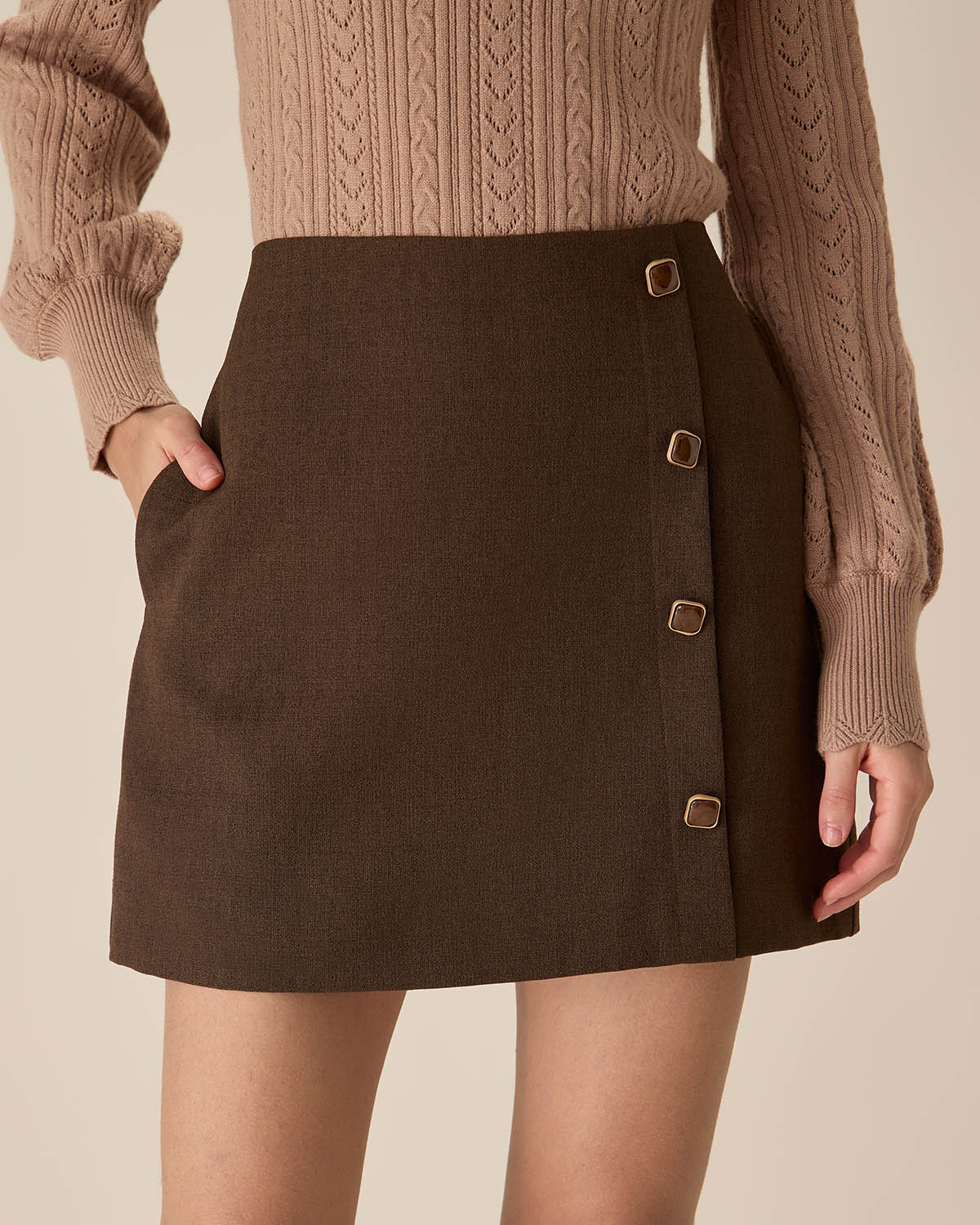 Coffee High-waisted Button Mini Skirt Choice Cheap Pice