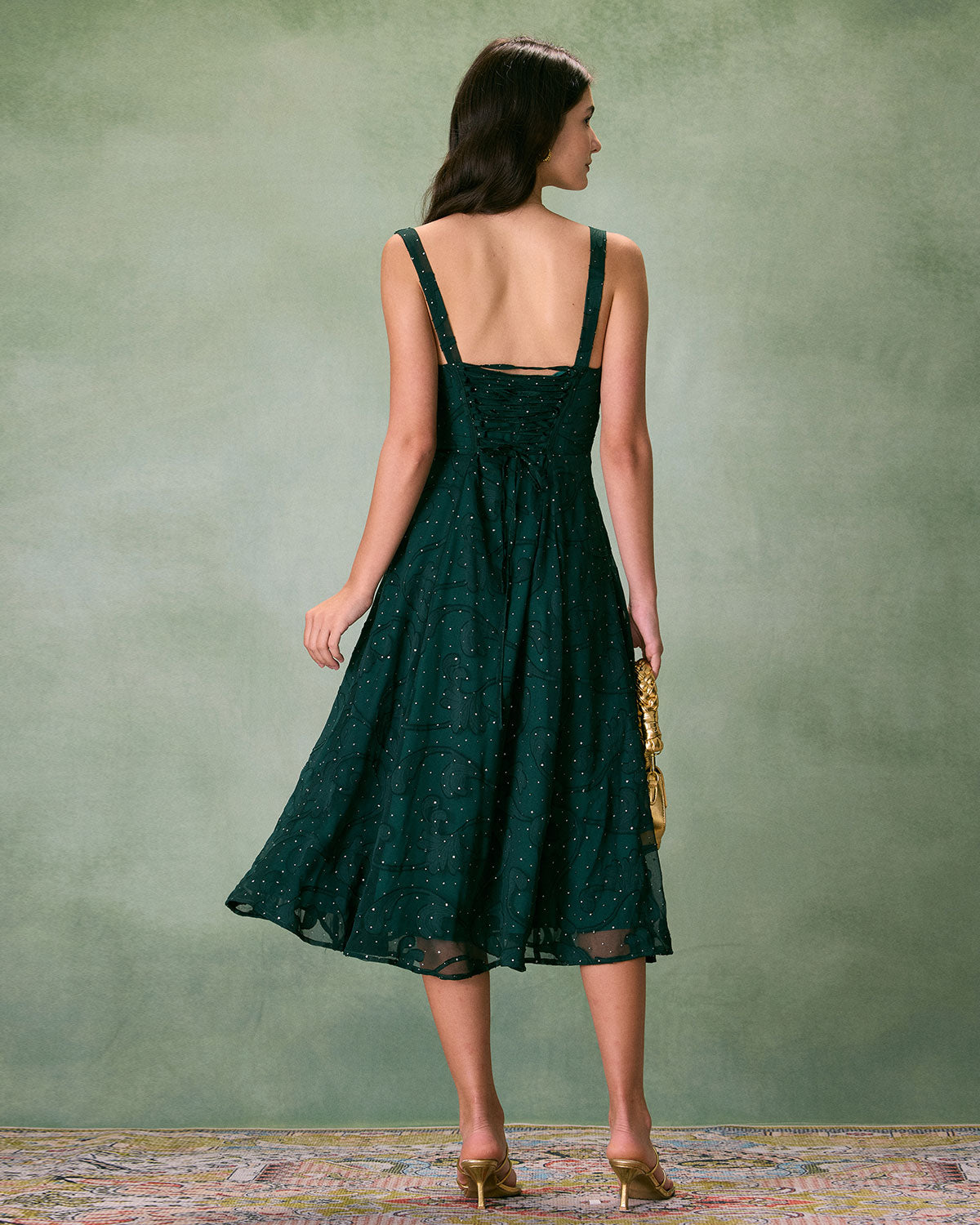 The Green Square Neck Jacquard Slit Midi Dress Pictures Cheap Online