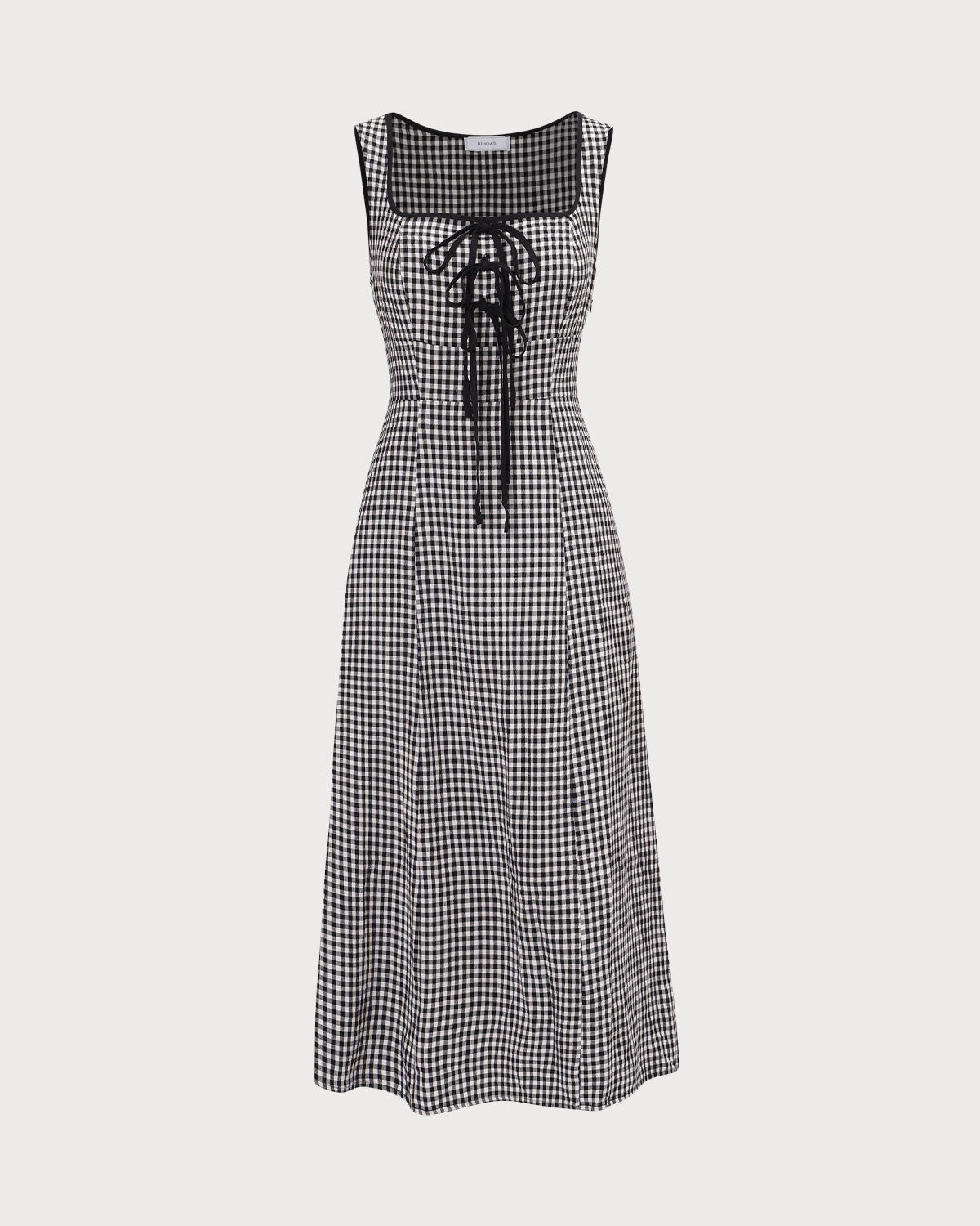 The Black Square Neck Tie Plaid Midi Dress Authentic Cheap Pice