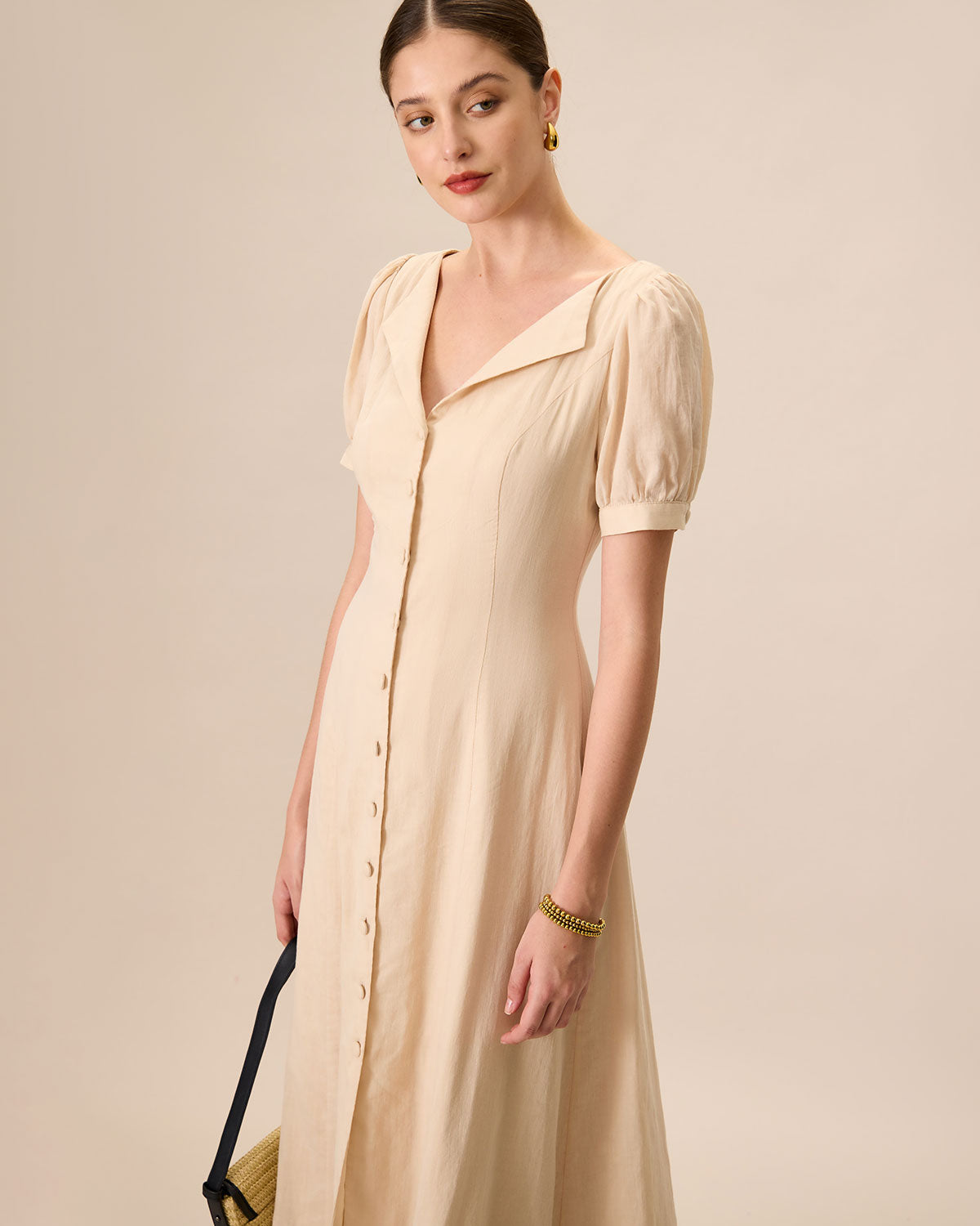 Women's Apricot Puff Sleeve Cotton Midi Dress