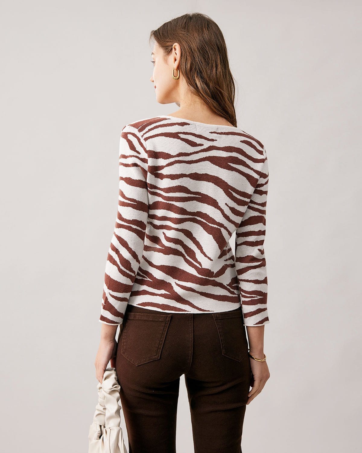 The Coffee V Neck Zebra Knit Cardigan Discount Largest Supplier