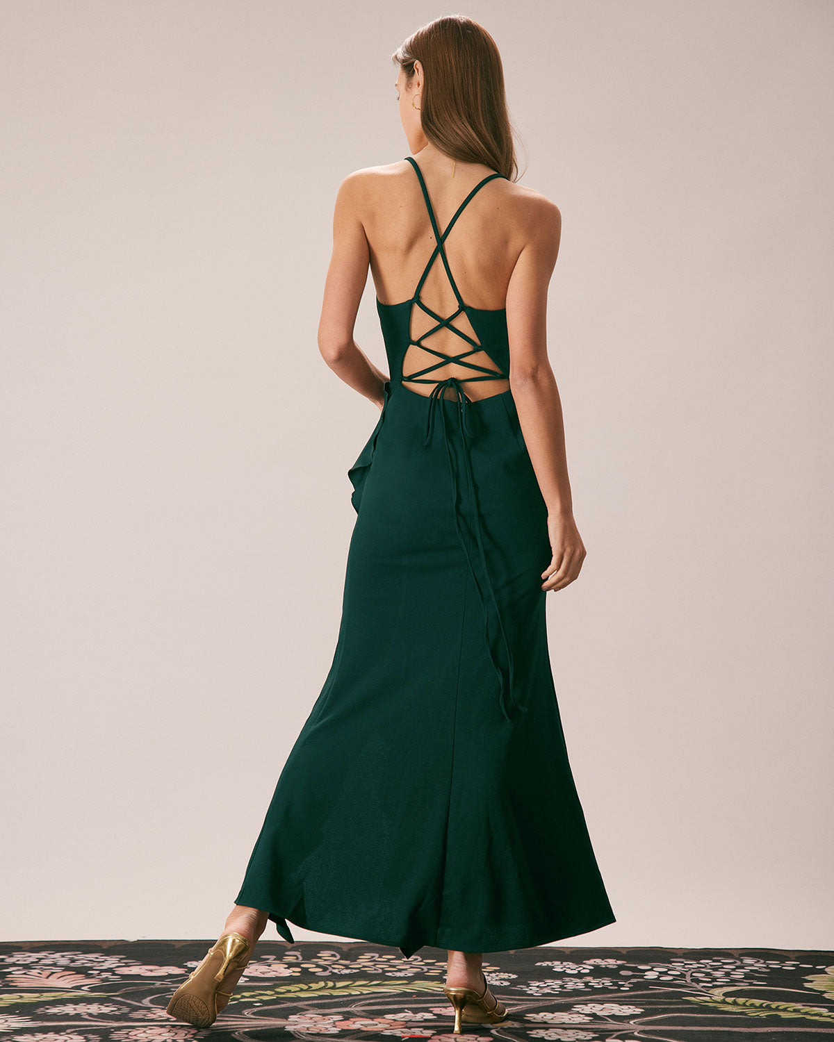 The Green Ruffle Cross Back Strap Maxi Dress Discount Professional