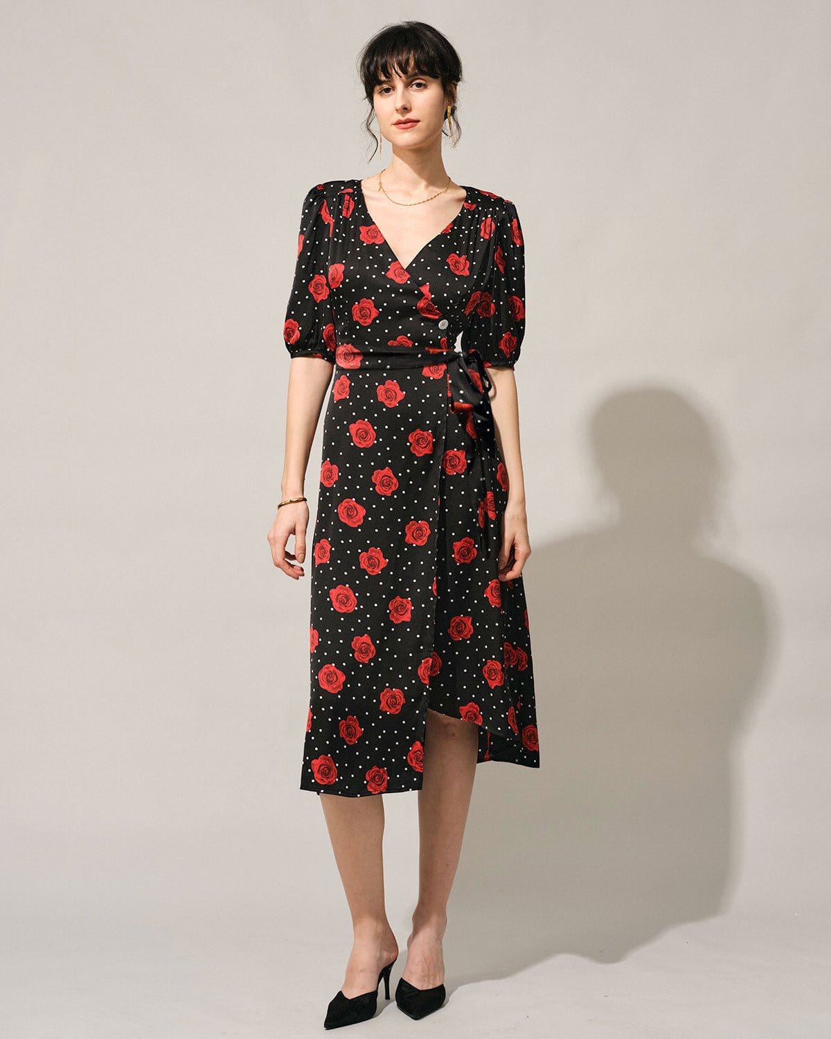 The V Neck Puff Sleeve Floral Wrap Midi Dress Discount Cost