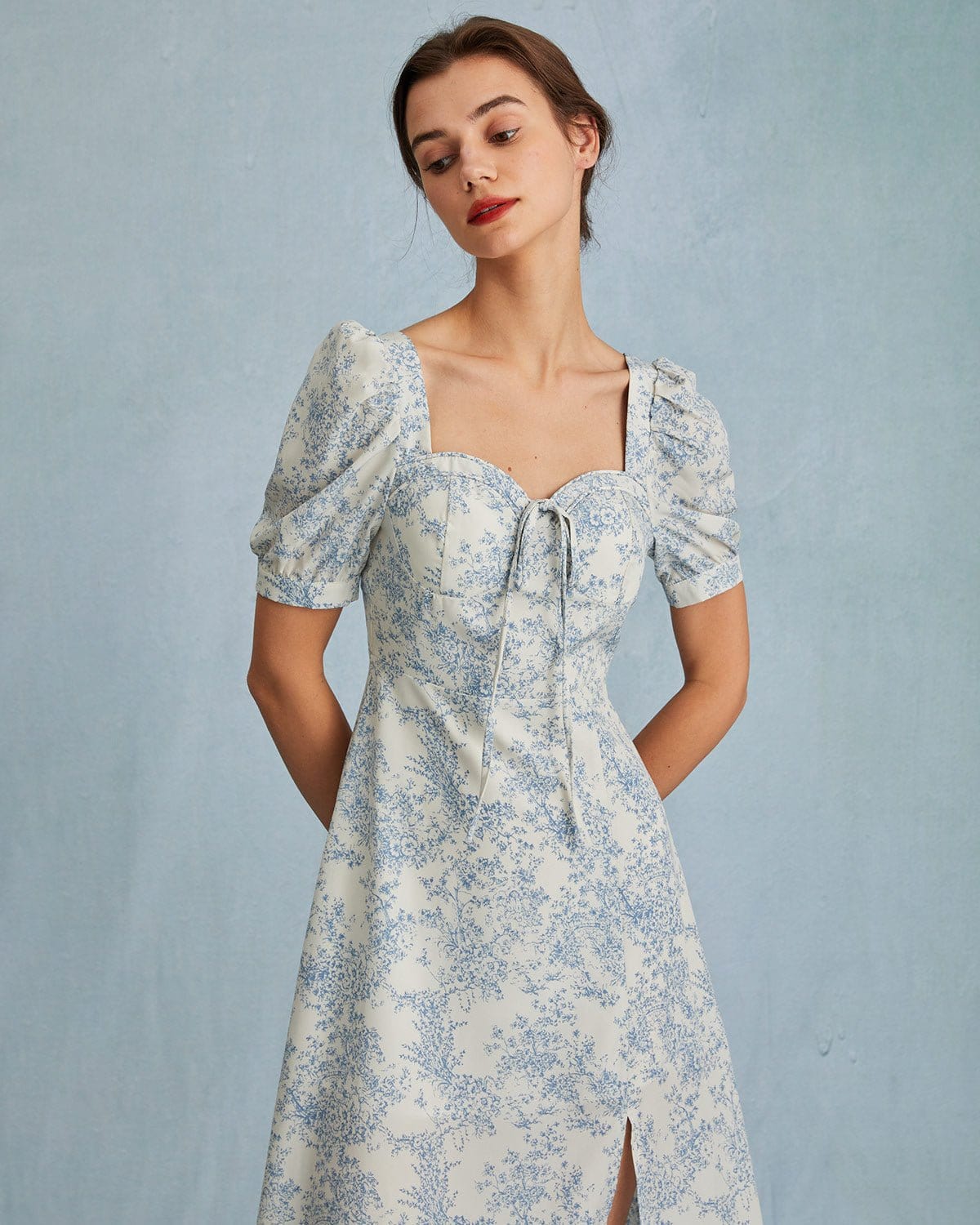 The Blue Sweetheart Neck Puff Sleeve Floral Midi Dress Low Cost Cheap Pice