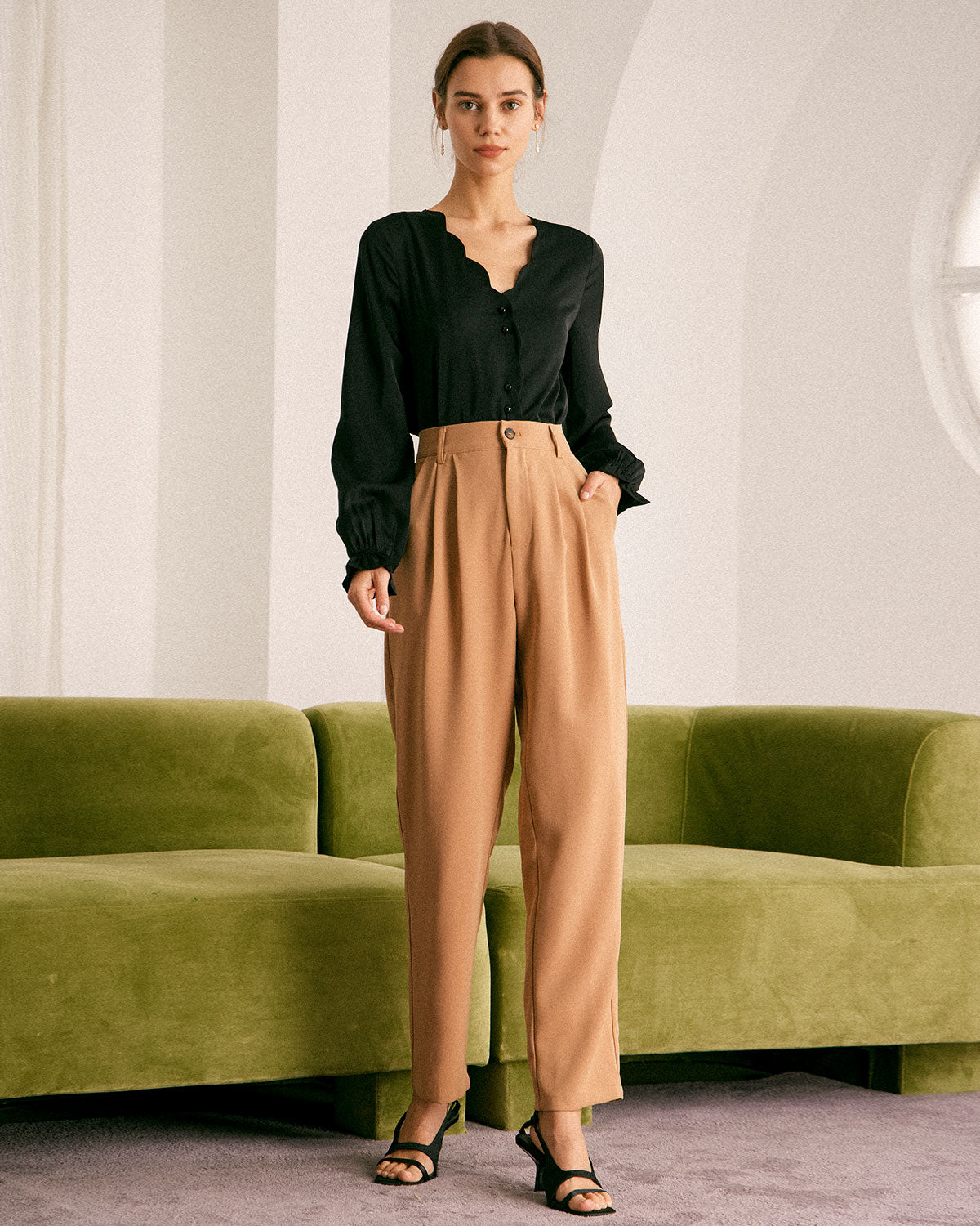 The Khaki High Waisted Pleated Tapered Pants Online Cheap Pice