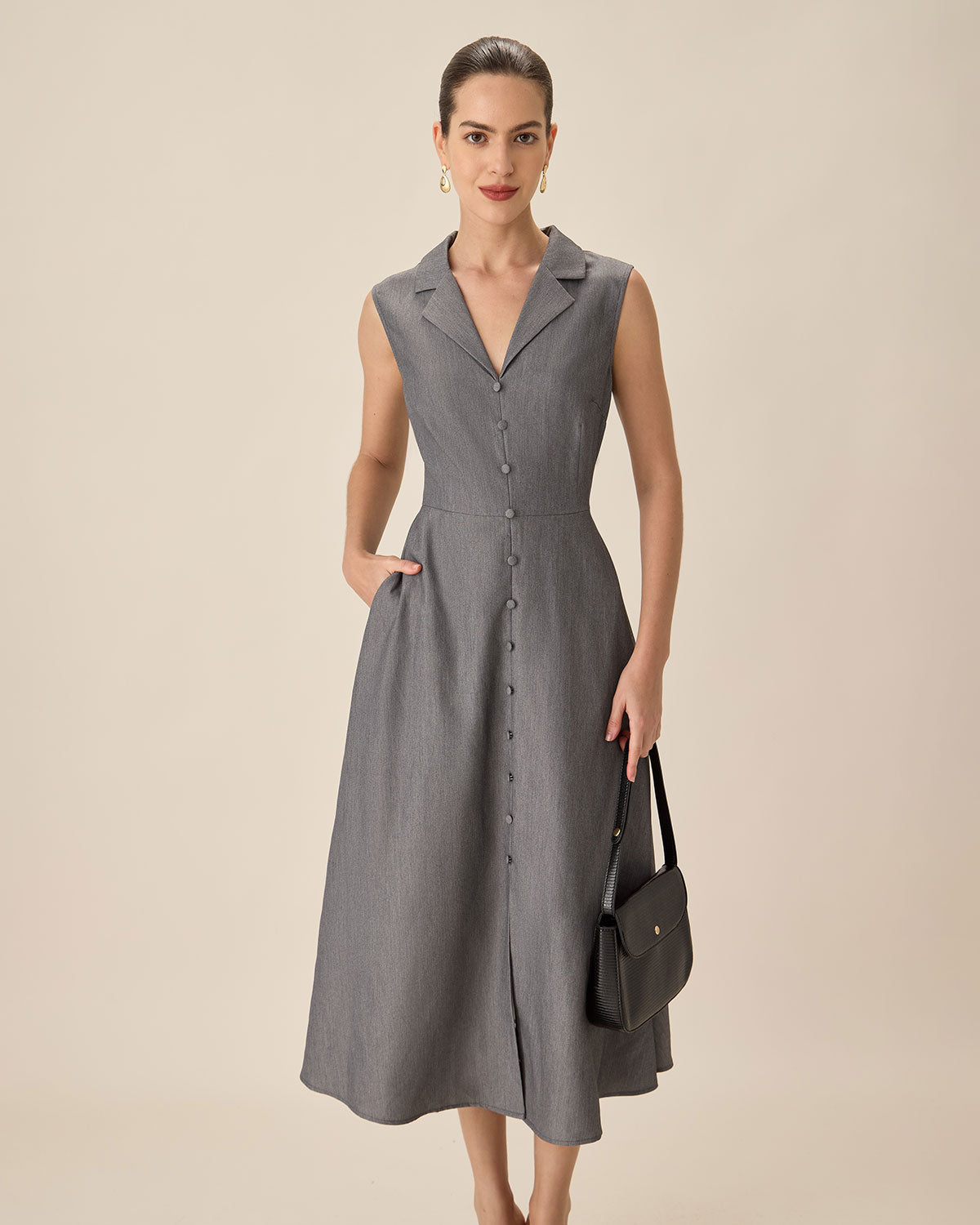 Grey V-Neck Button Midi Dress Buy Cheap Newest