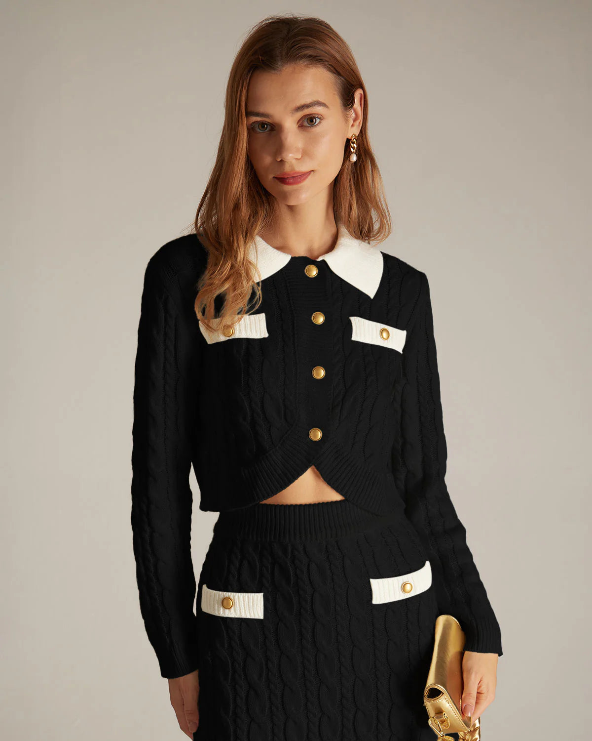 The Black Lapel Ribbed Button Cable Cardigan Latest Collections Sale Online