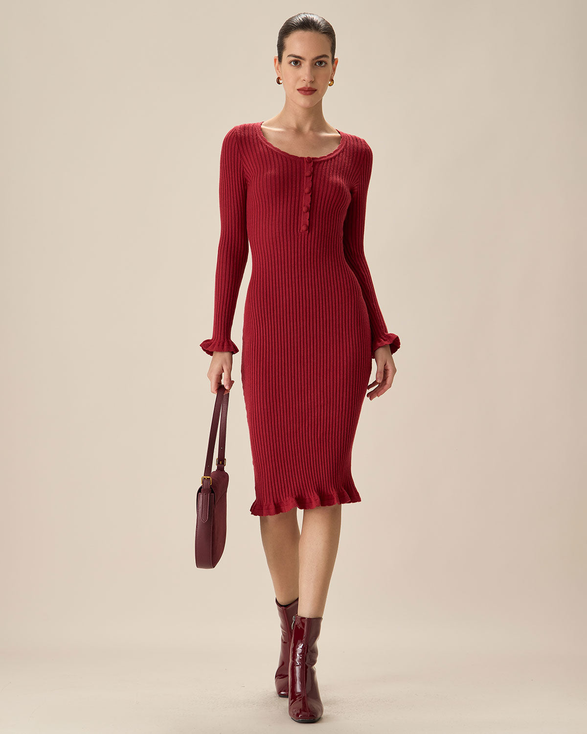 Red Bodycon Bell Sleeve Sweater Dress Sale 100% Guaranteed