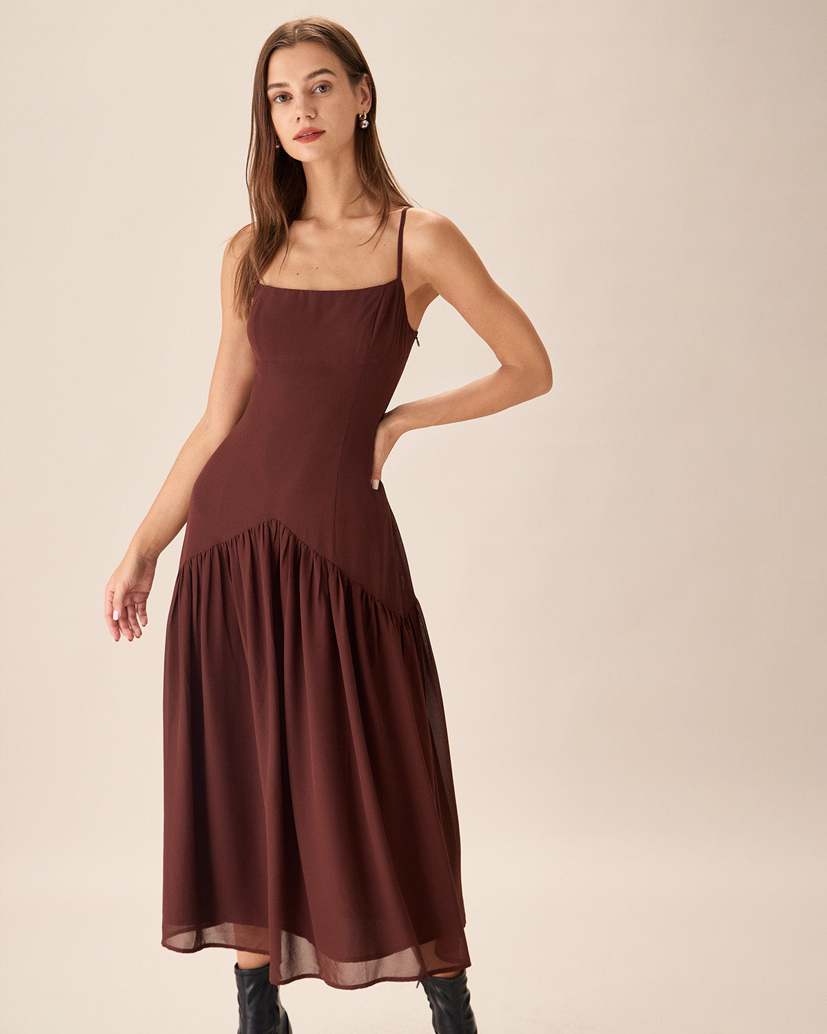 Brown Chiffon Ruched Slip Midi Dress Cheap Extremely