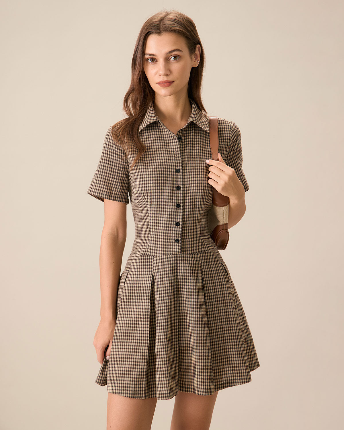 Brown Plaid Lapel Pleated Mini Dress Get To Buy Sale Online