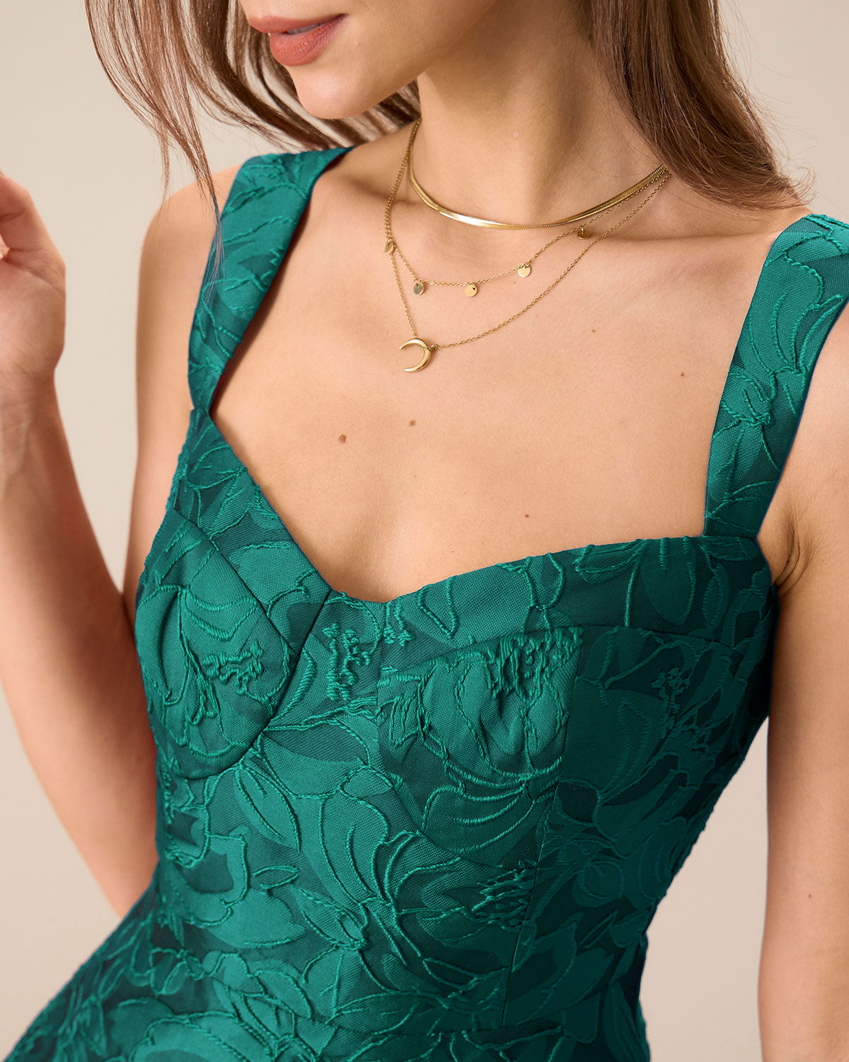 Green Sweetheart Neck Jacquard Midi Dress Classic For Sale