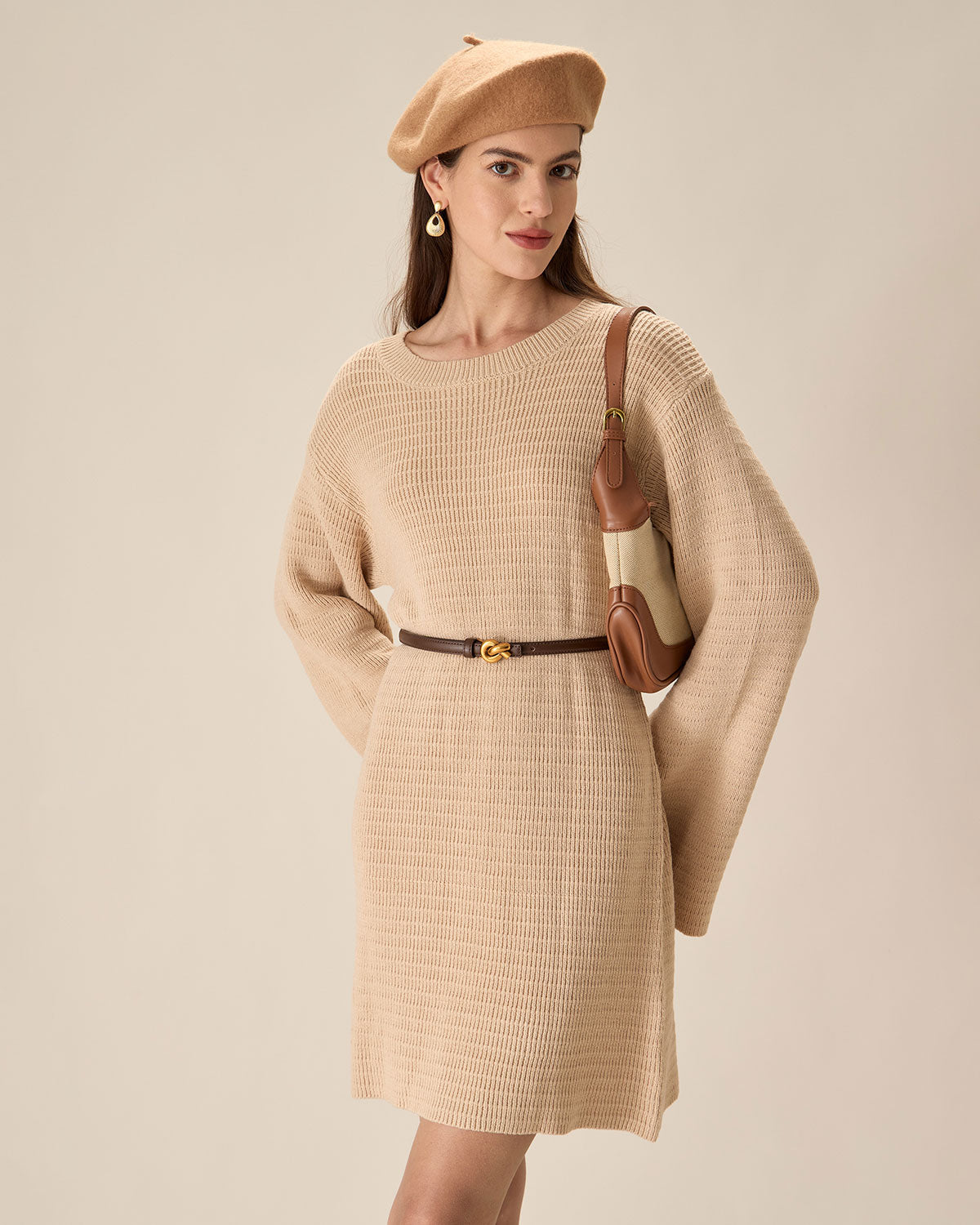 Beige Drop Shoulder Sweater Mini Dress Cheap New Arrival