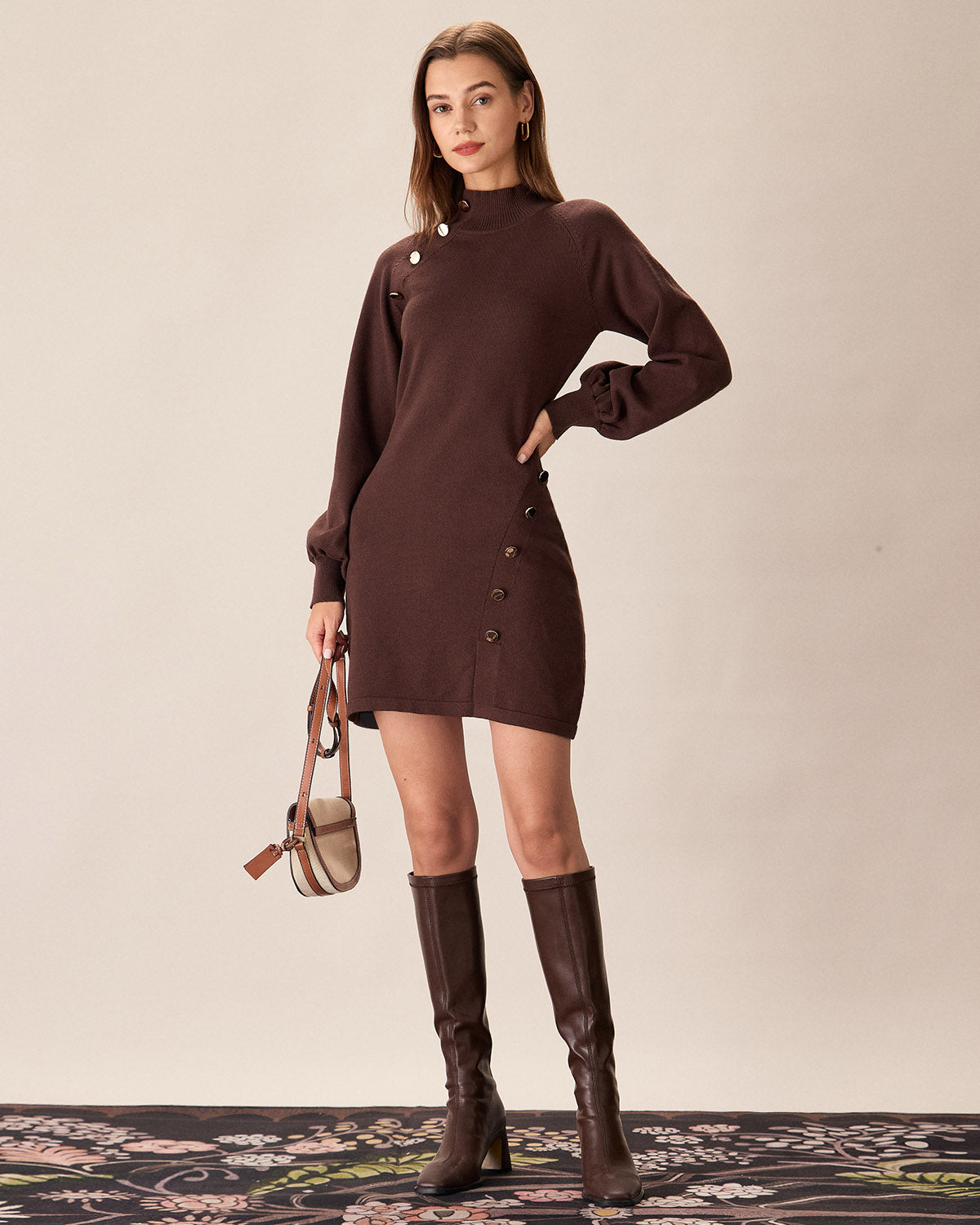 Brown Mock Neck Button Sweater Dress Sast Sale Online