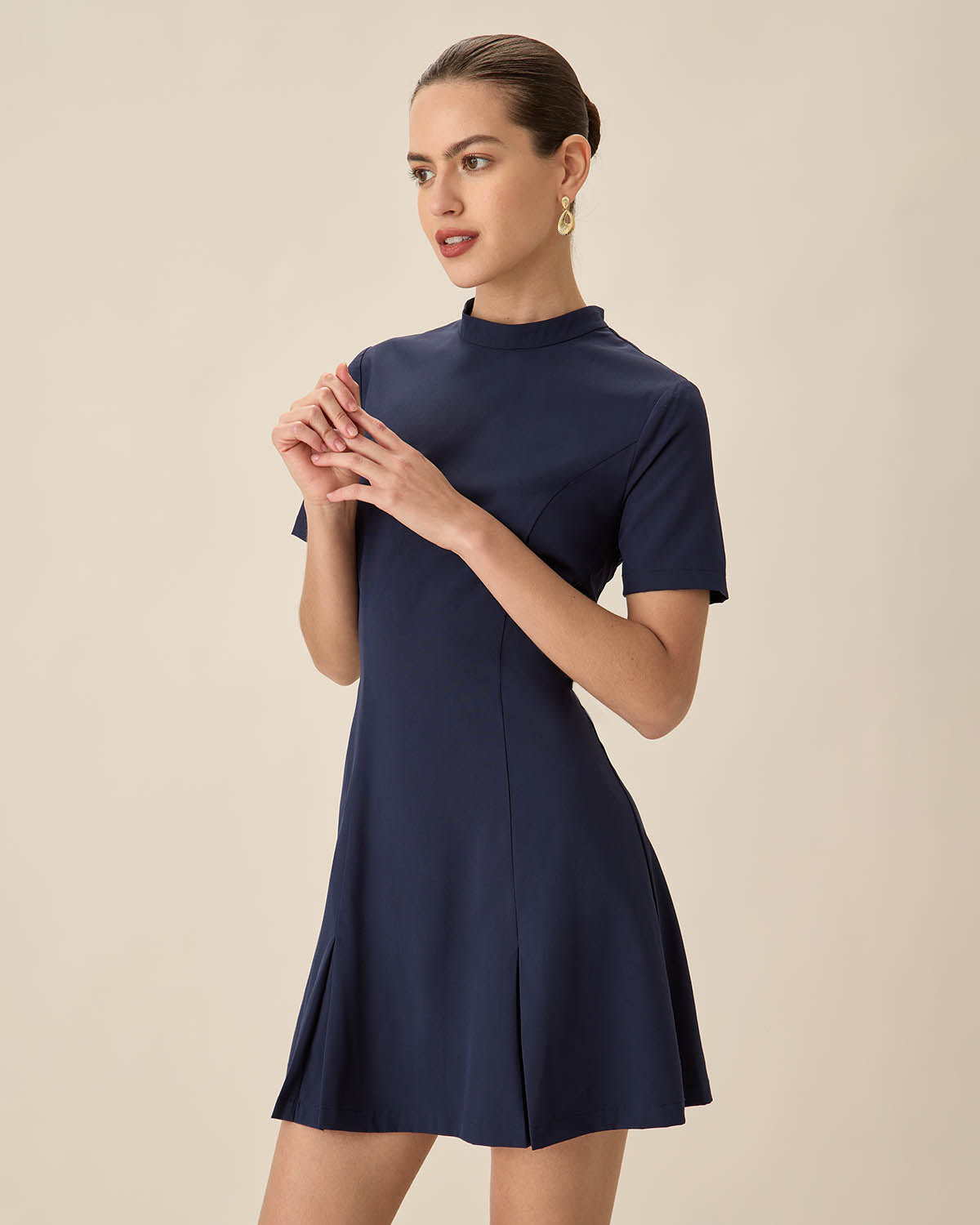 Blue Mock Neck Pleated Mini Dress Low Cost