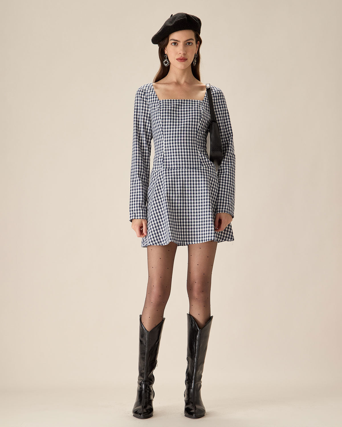 Navy Square Neck Plaid Mini Dress Enjoy Online