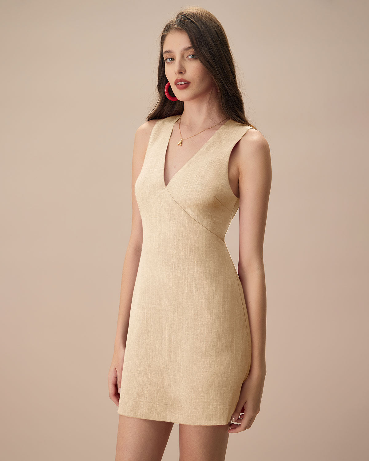 The Beige V Neck Sleeveless Linen Mini Dress Clearance Choice