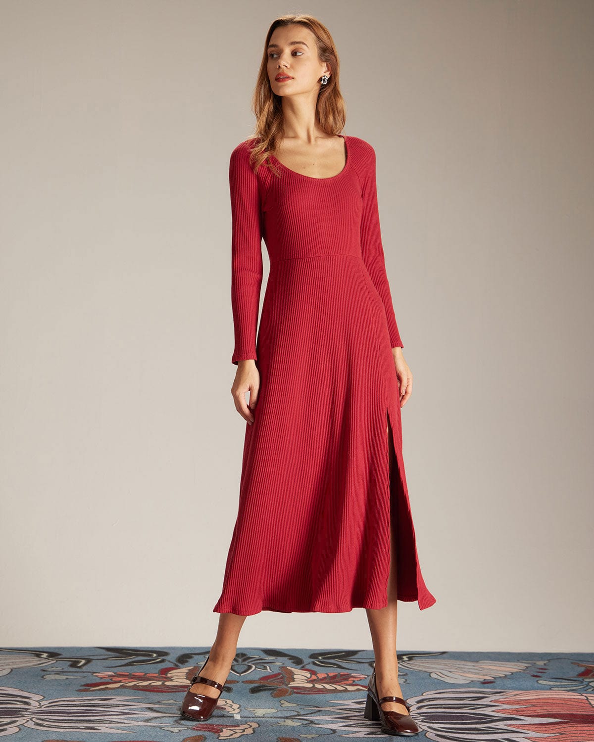 The Red Ribbed Side Split A-Line Maxi Dress Inexpensive Cheap Online