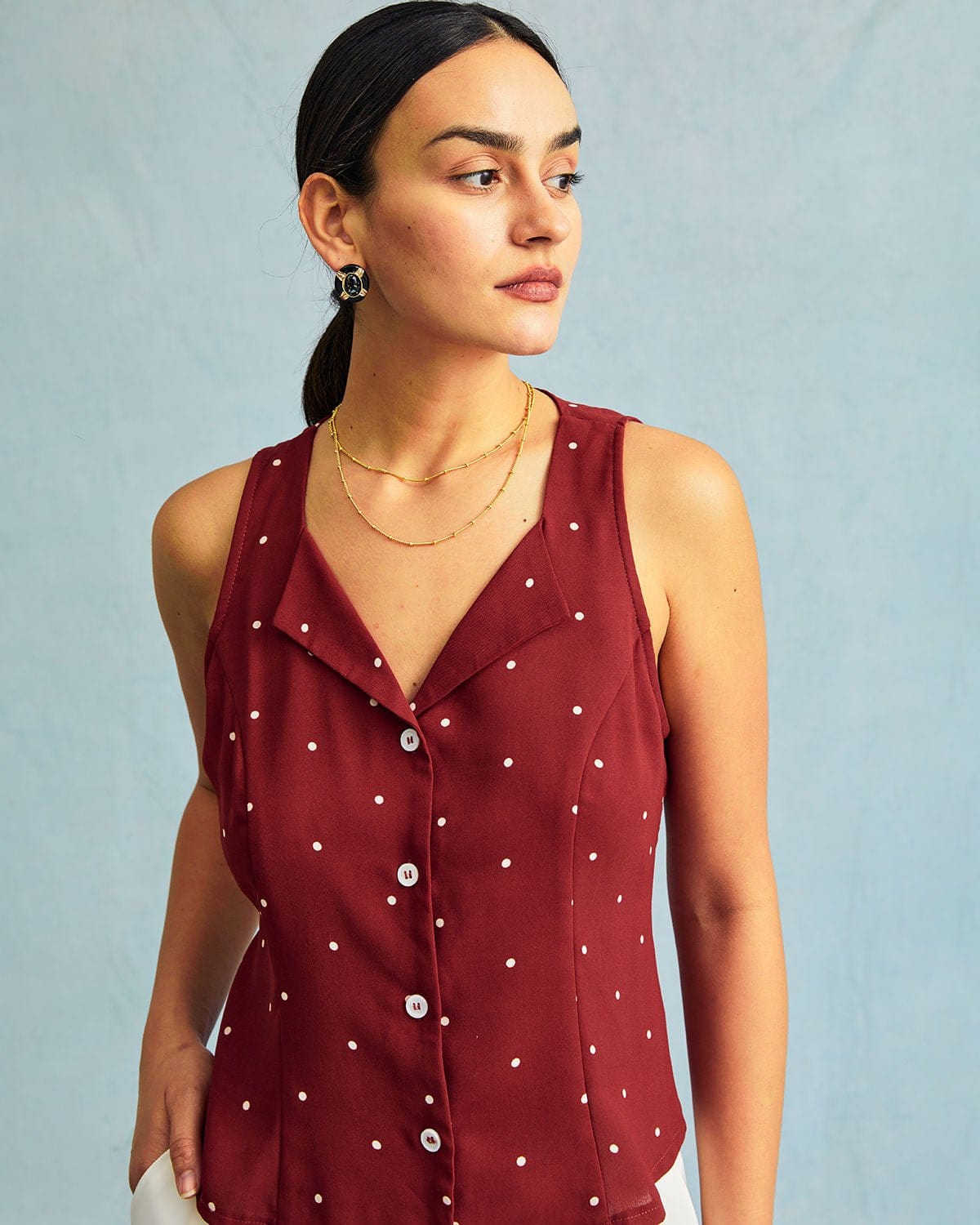 The Red V Neck Polka Dot Print Sleeveless Vest Discount Visit New