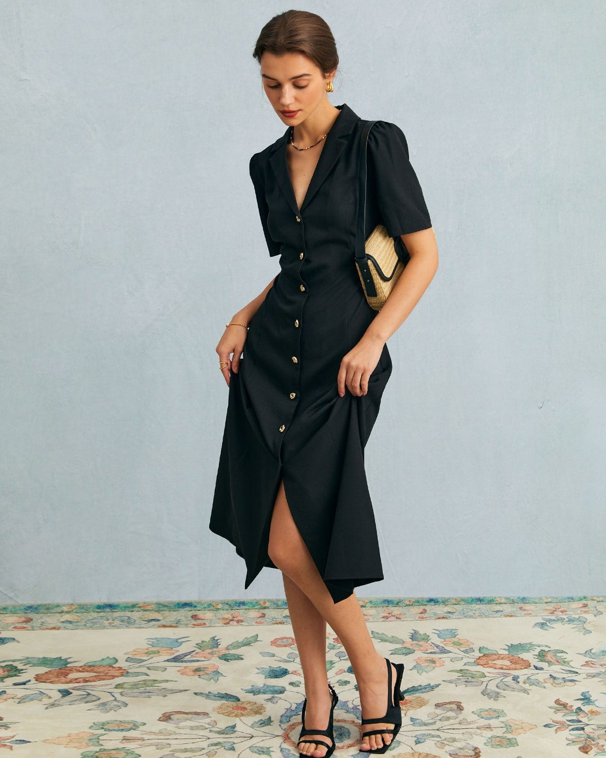 The Black V Neck Button Puff Sleeve Midi Dress Pay With Paypal Cheap Pice