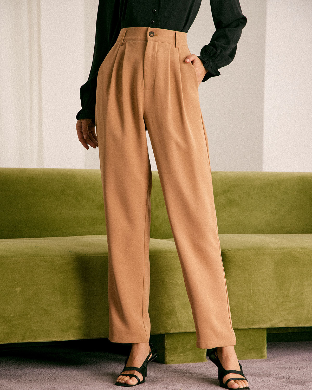 The Khaki High Waisted Pleated Tapered Pants Online Cheap Pice